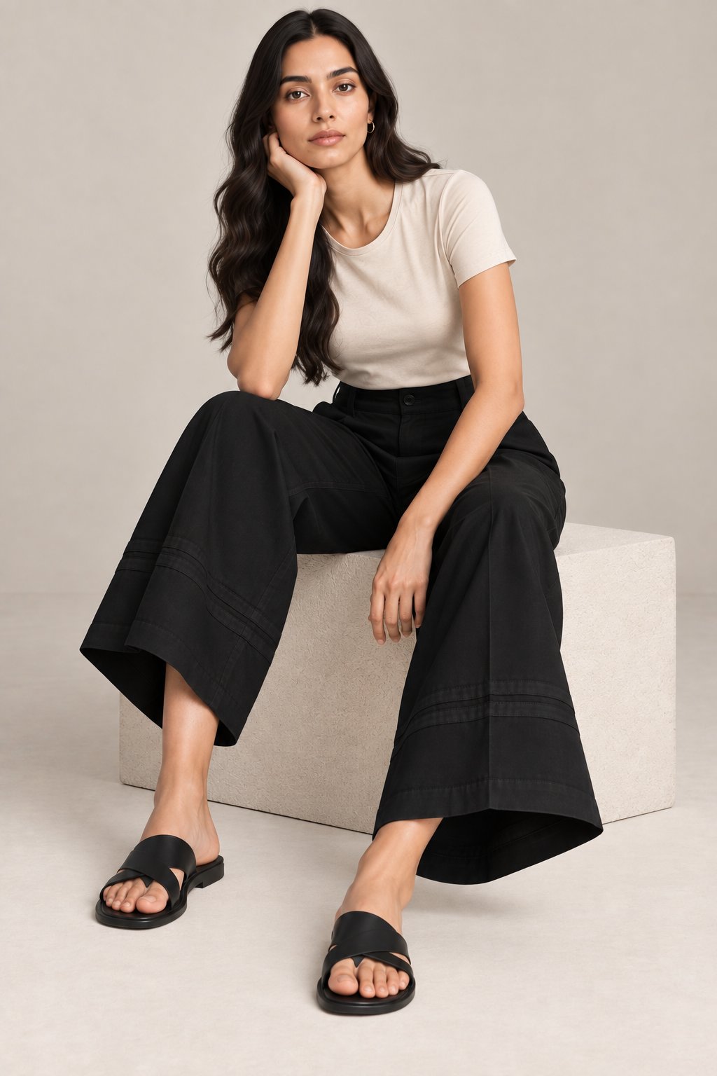 Women Black Cotton Poplin Wide Leg Trouser | High Waist Straight Fit Pants