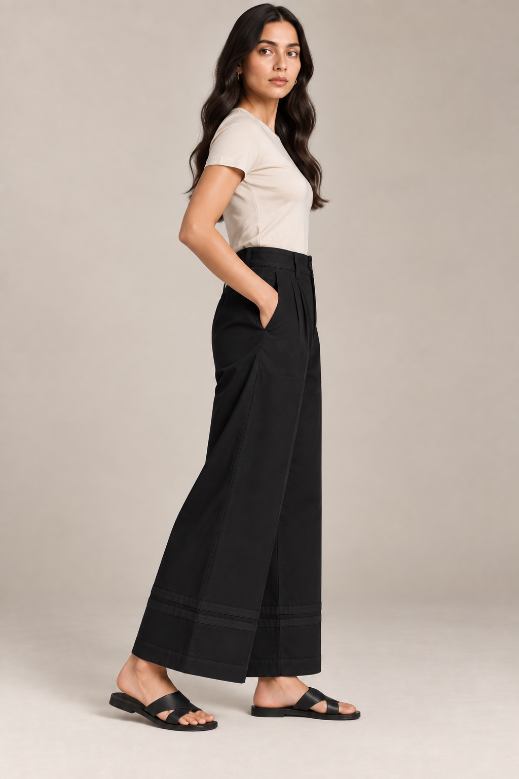 Women Black Cotton Poplin Wide Leg Trouser | High Waist Straight Fit Pants