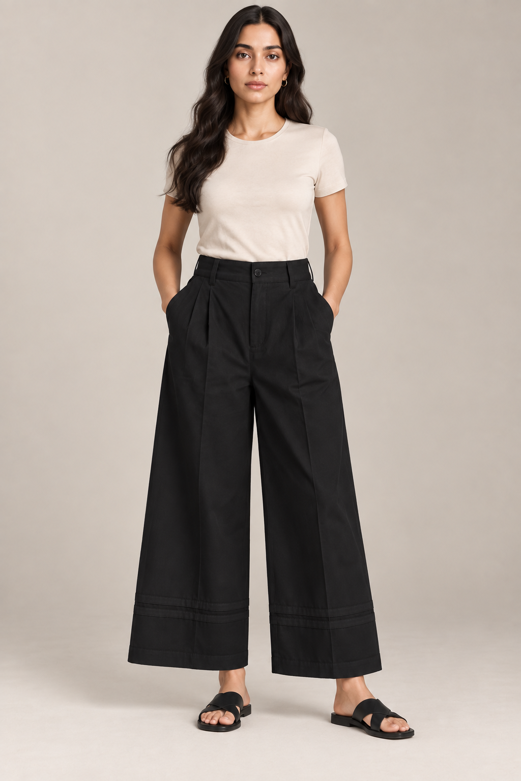 Women Black Cotton Poplin Wide Leg Trouser | High Waist Straight Fit Pants