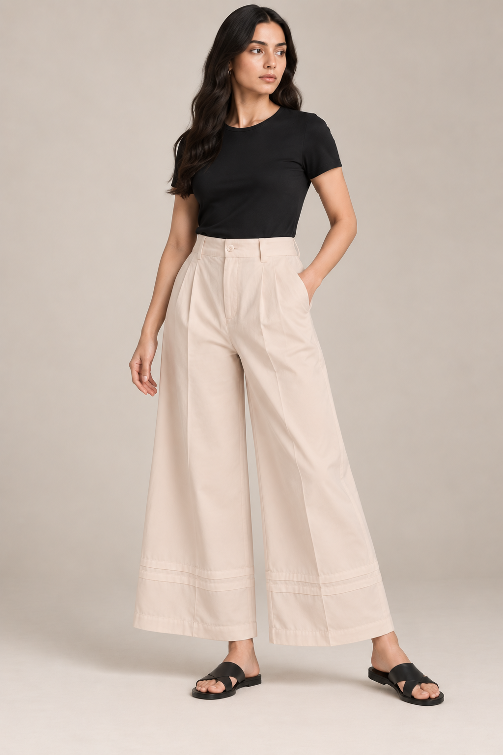Women Light Beige Cotton Poplin Wide Leg Trouser High Waist Straight Fit Pants