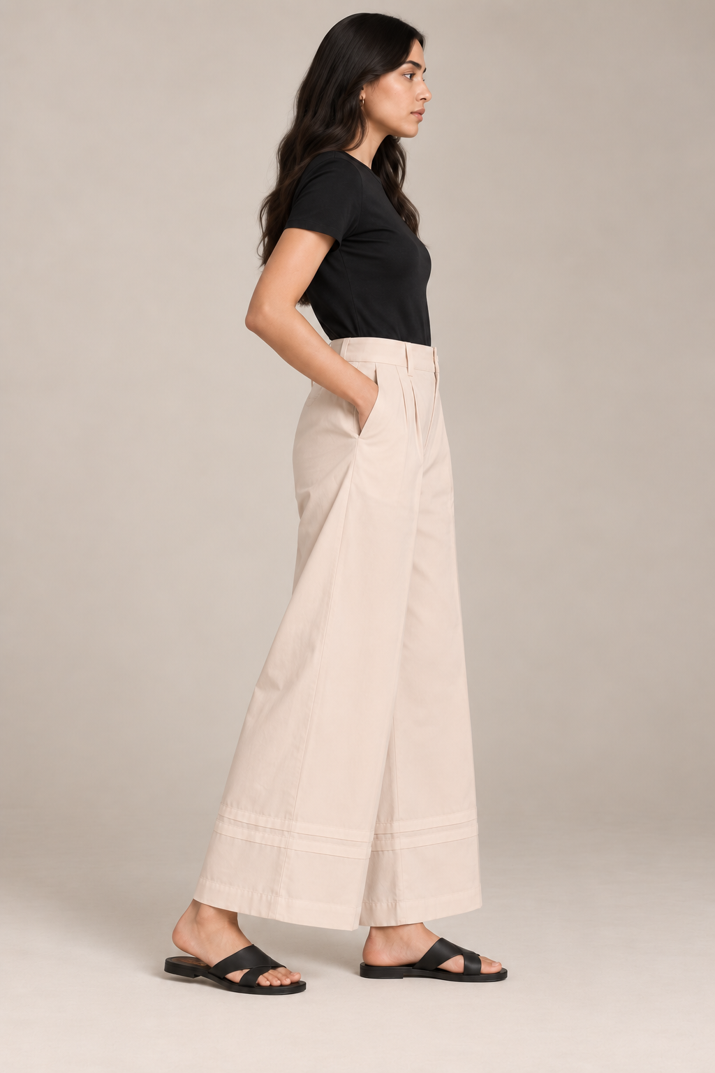Women Light Beige Cotton Poplin Wide Leg Trouser High Waist Straight Fit Pants