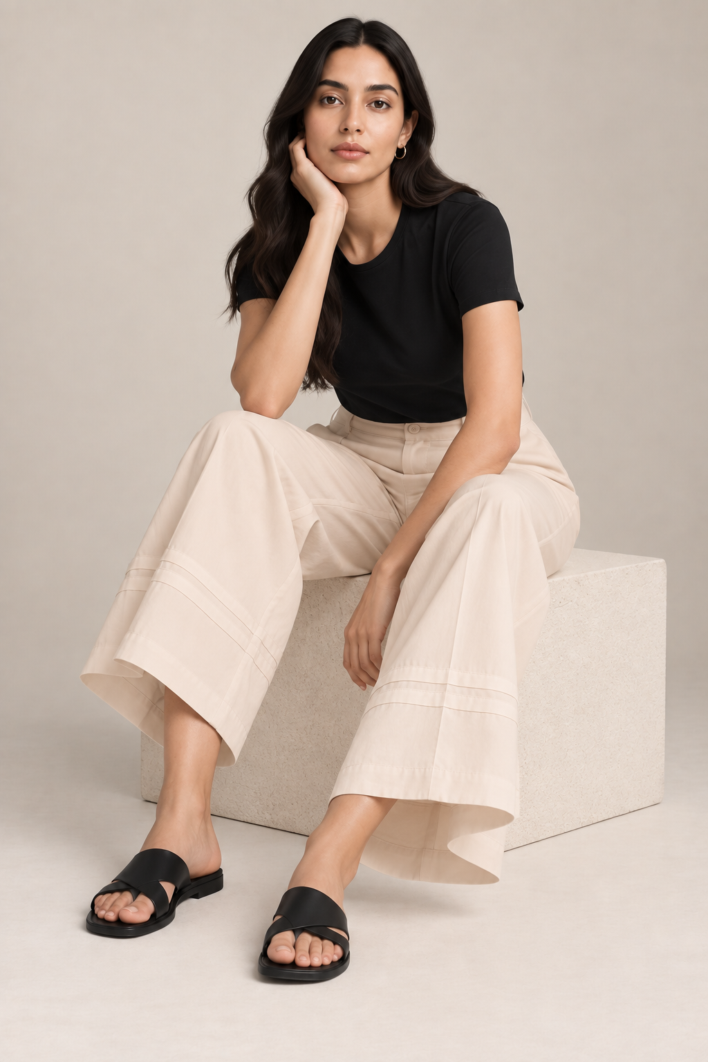 Women Light Beige Cotton Poplin Wide Leg Trouser High Waist Straight Fit Pants