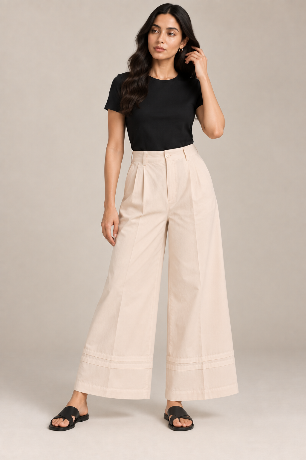 Women Light Beige Cotton Poplin Wide Leg Trouser High Waist Straight Fit Pants