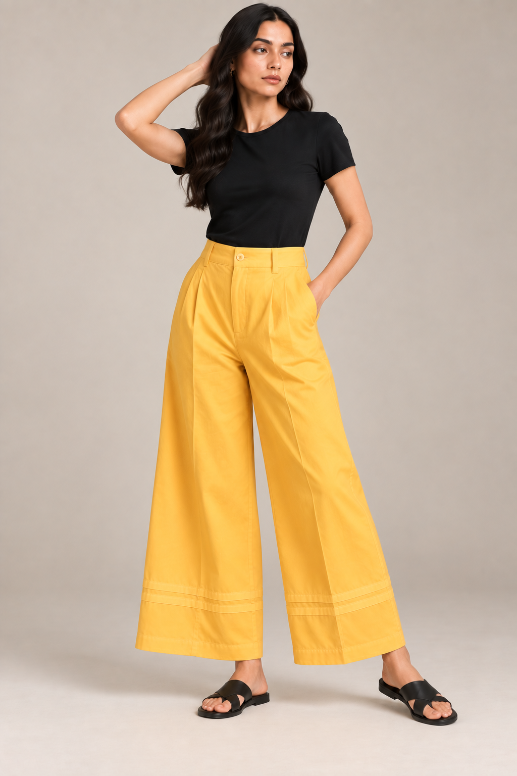 Women Mustard Yellow Cotton Poplin Wide Leg Trouser High Waist Straight Fit Pants