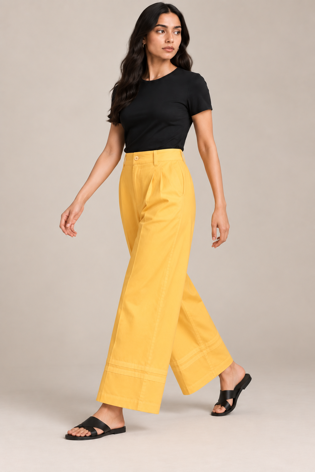 Women Mustard Yellow Cotton Poplin Wide Leg Trouser High Waist Straight Fit Pants