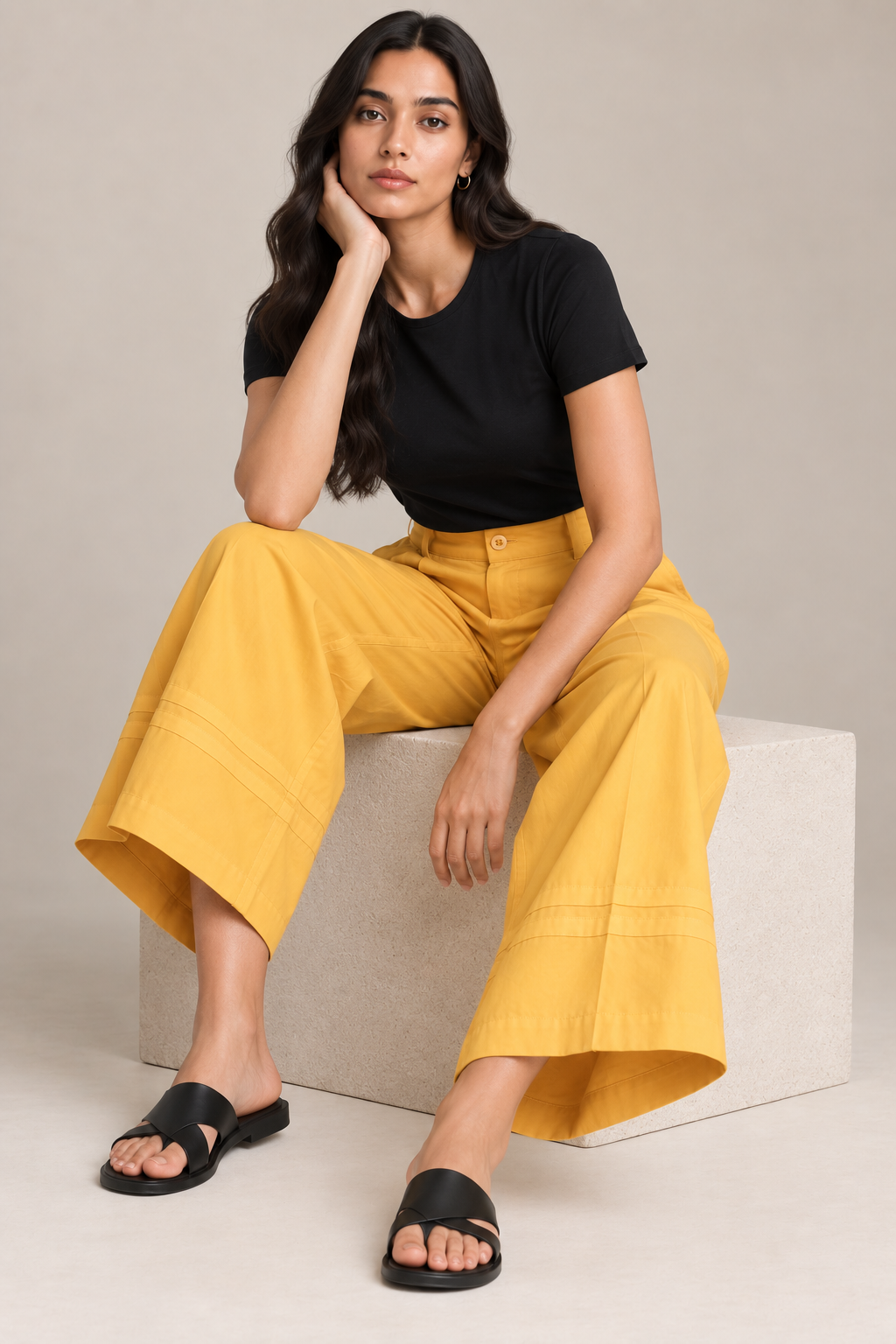 Women Mustard Yellow Cotton Poplin Wide Leg Trouser High Waist Straight Fit Pants