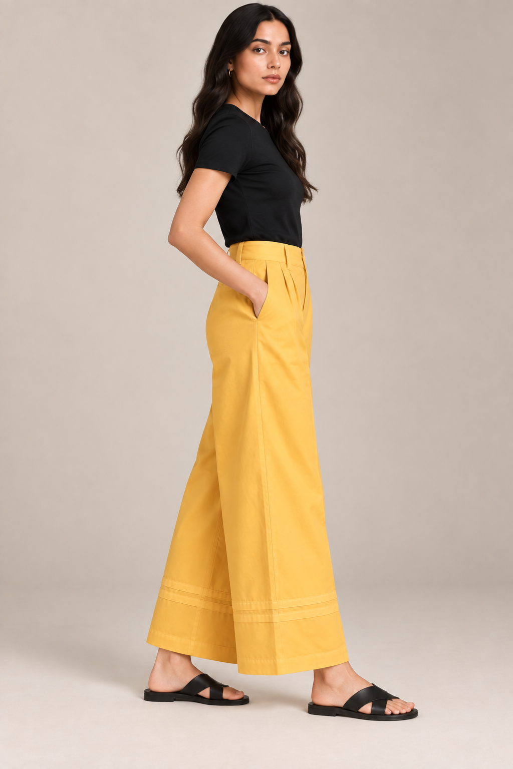 Women Mustard Yellow Cotton Poplin Wide Leg Trouser High Waist Straight Fit Pants