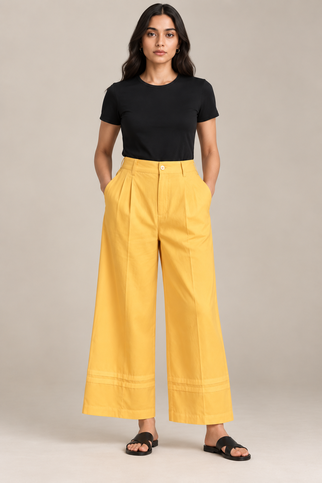 Women Mustard Yellow Cotton Poplin Wide Leg Trouser High Waist Straight Fit Pants