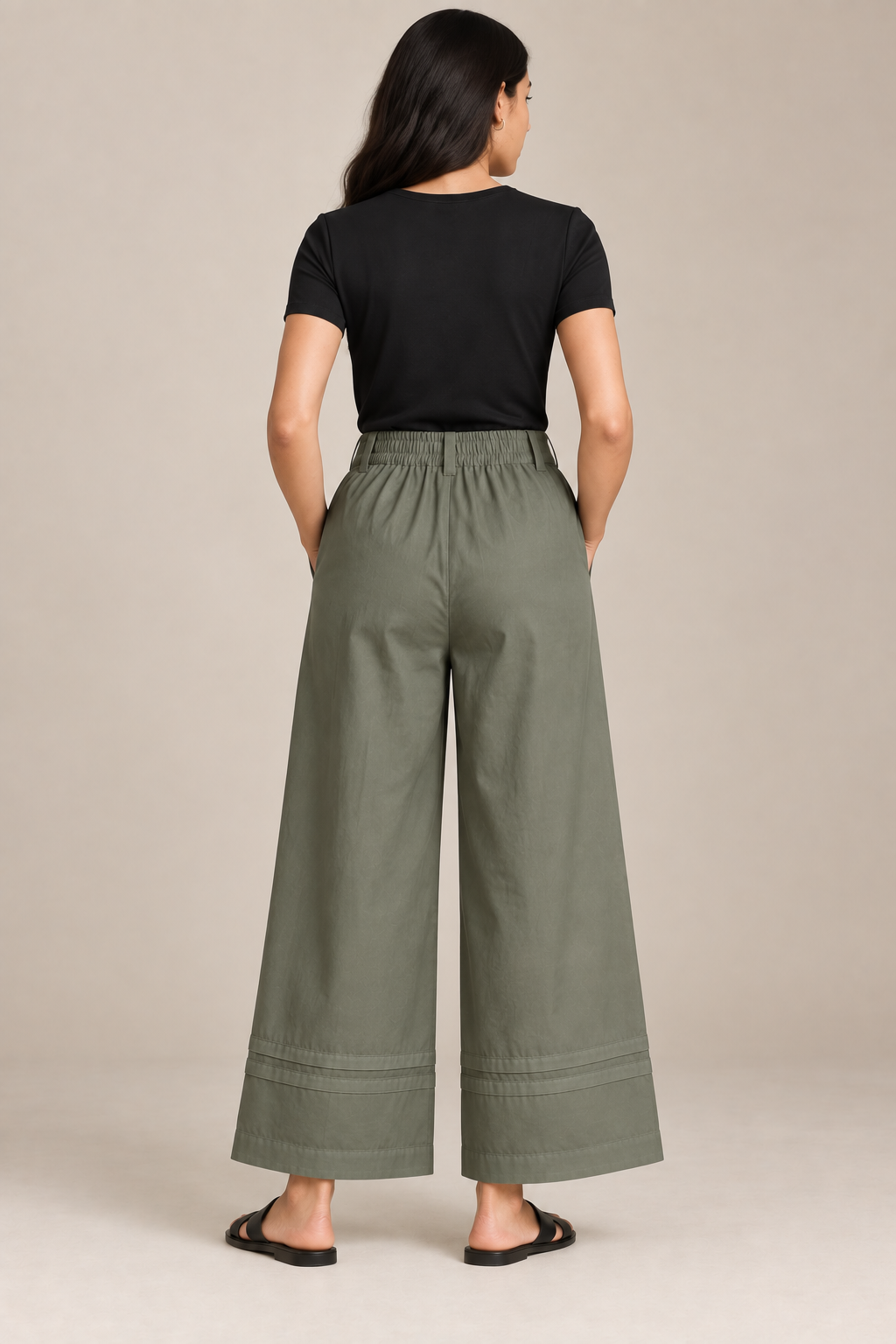 Women Olive Green Cotton Poplin Wide Leg Trouser High Waist Straight Fit Pants