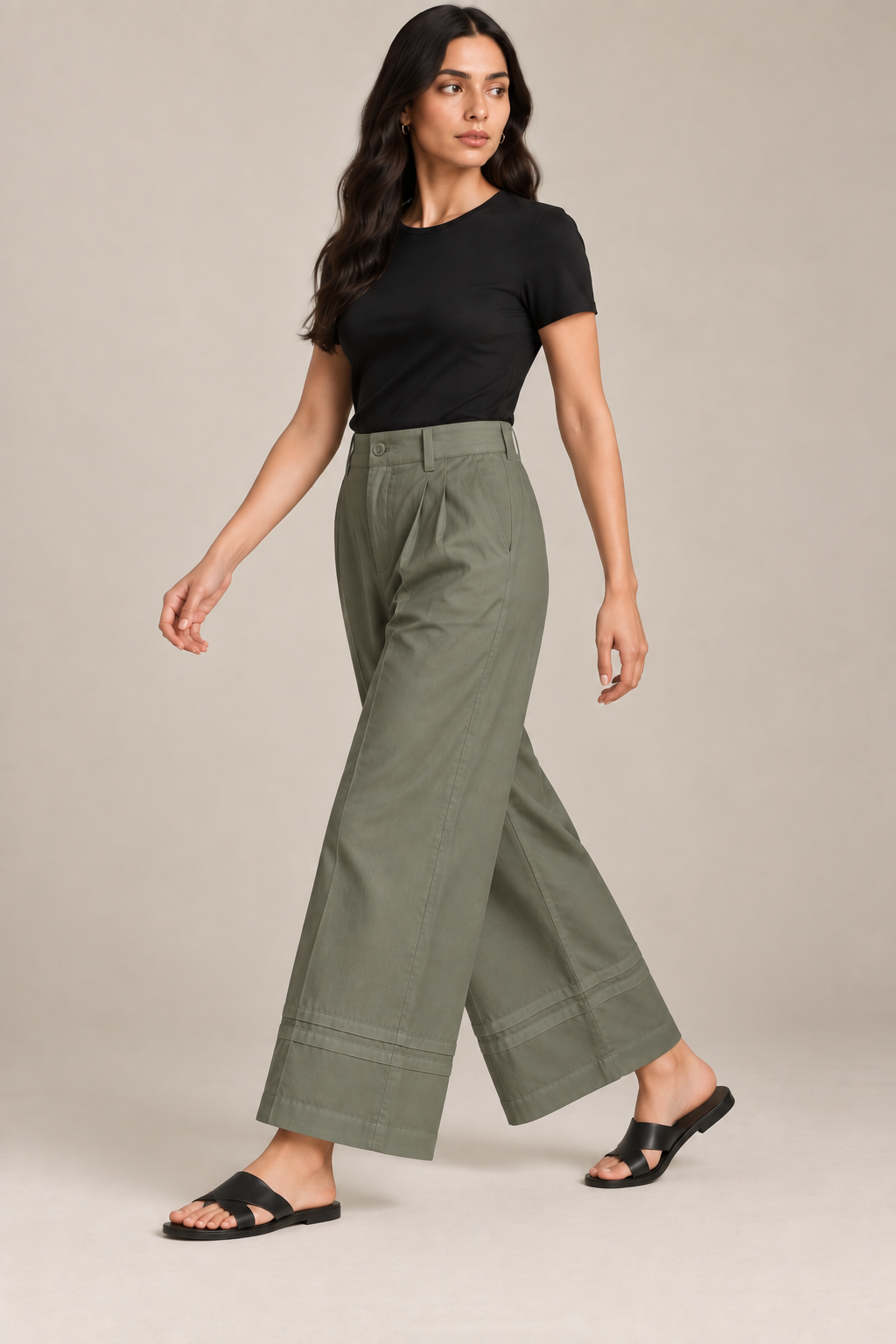Women Olive Green Cotton Poplin Wide Leg Trouser High Waist Straight Fit Pants