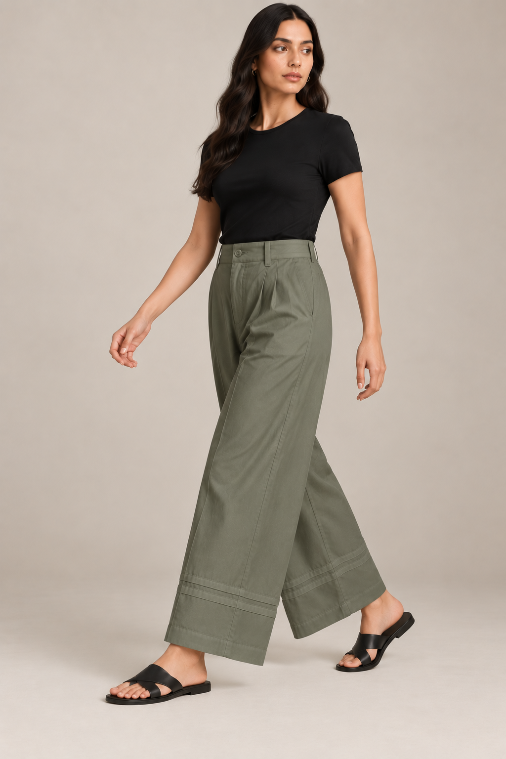 Women Olive Green Cotton Poplin Wide Leg Trouser High Waist Straight Fit Pants