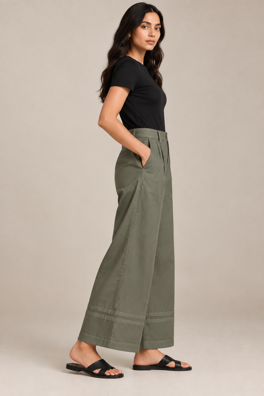 Women Olive Green Cotton Poplin Wide Leg Trouser High Waist Straight Fit Pants