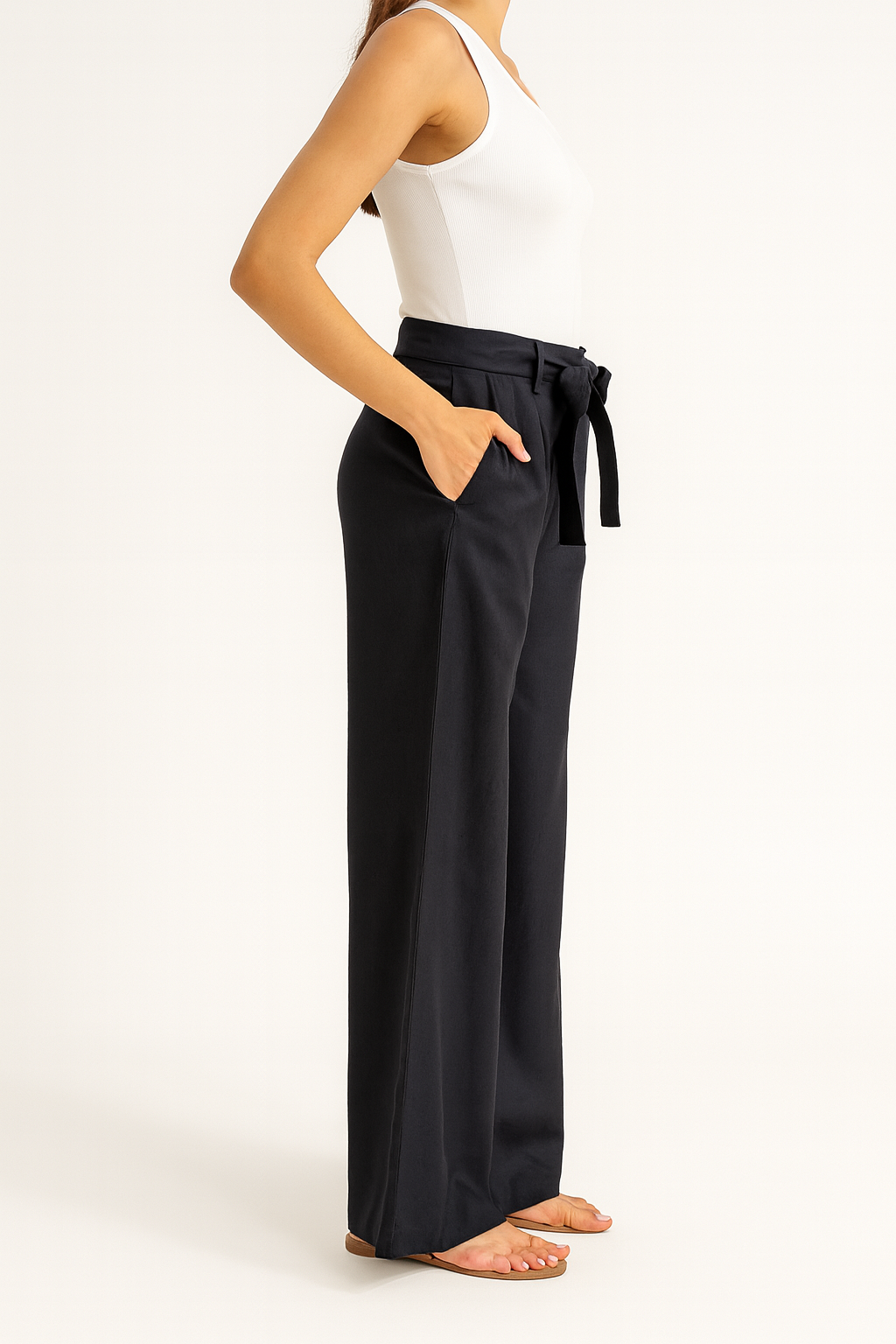 Women Solid Navy Blue Viscose Wide Leg Trouser with Tie-Up Waist