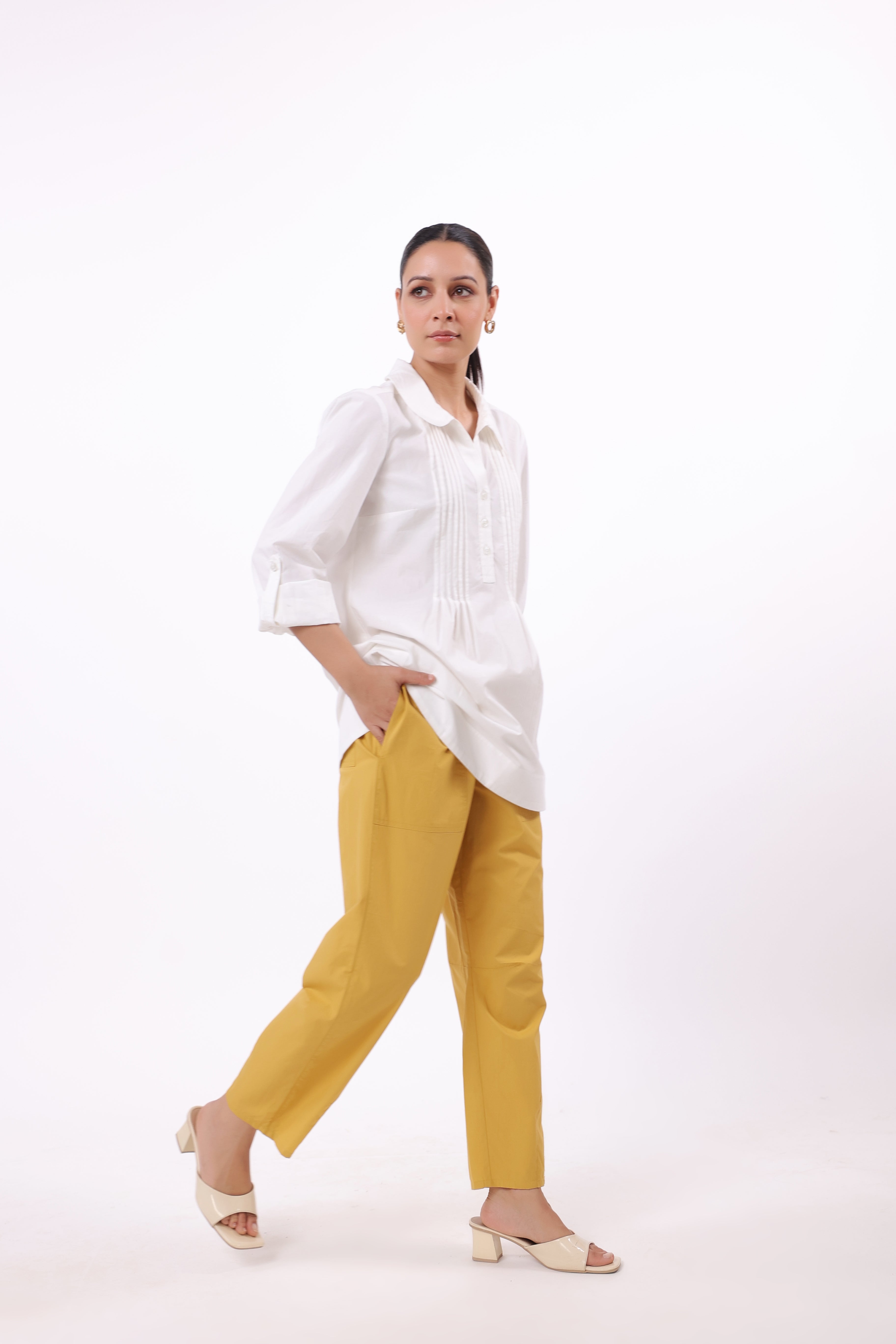 Women’s White Cotton Shirt with Yellow Cotton Pant Co-Ord Set