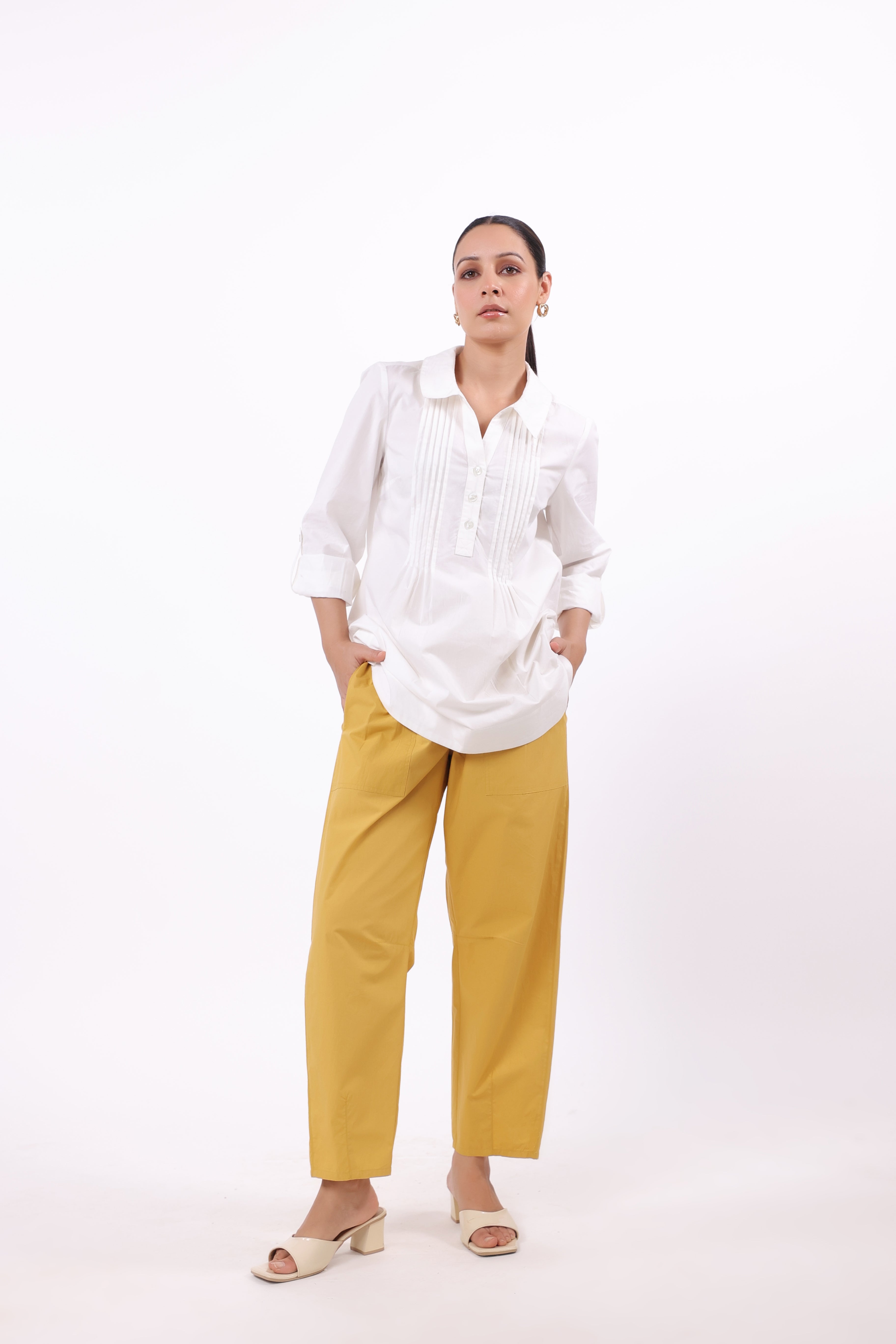 Women’s White Cotton Shirt with Yellow Cotton Pant Co-Ord Set
