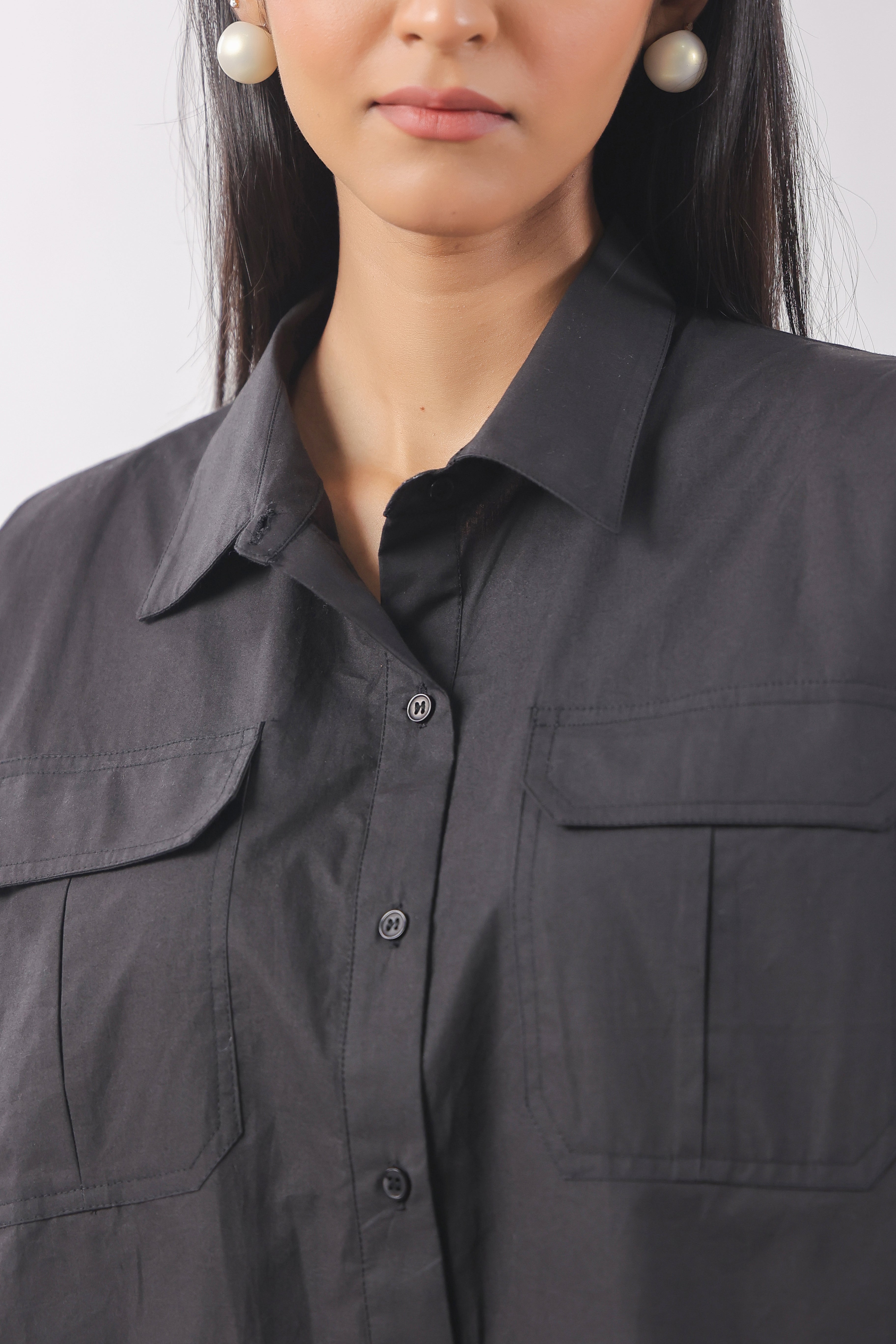 MUUN Women Black Solid Cotton Half Sleeve Shirt Collar Co-Ord Set