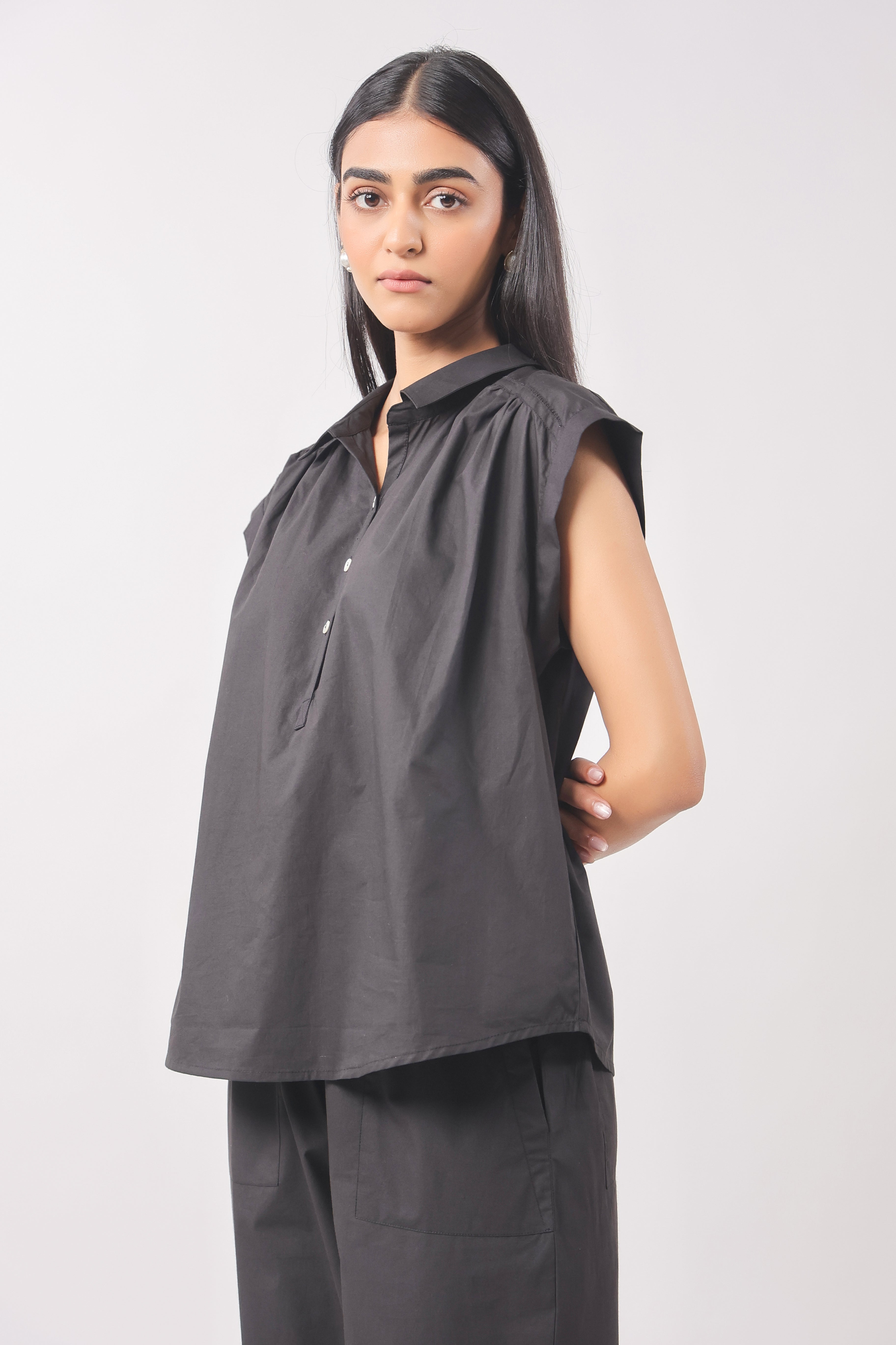 Women’s Black Cotton Top with Black Pants Co-Ord Set