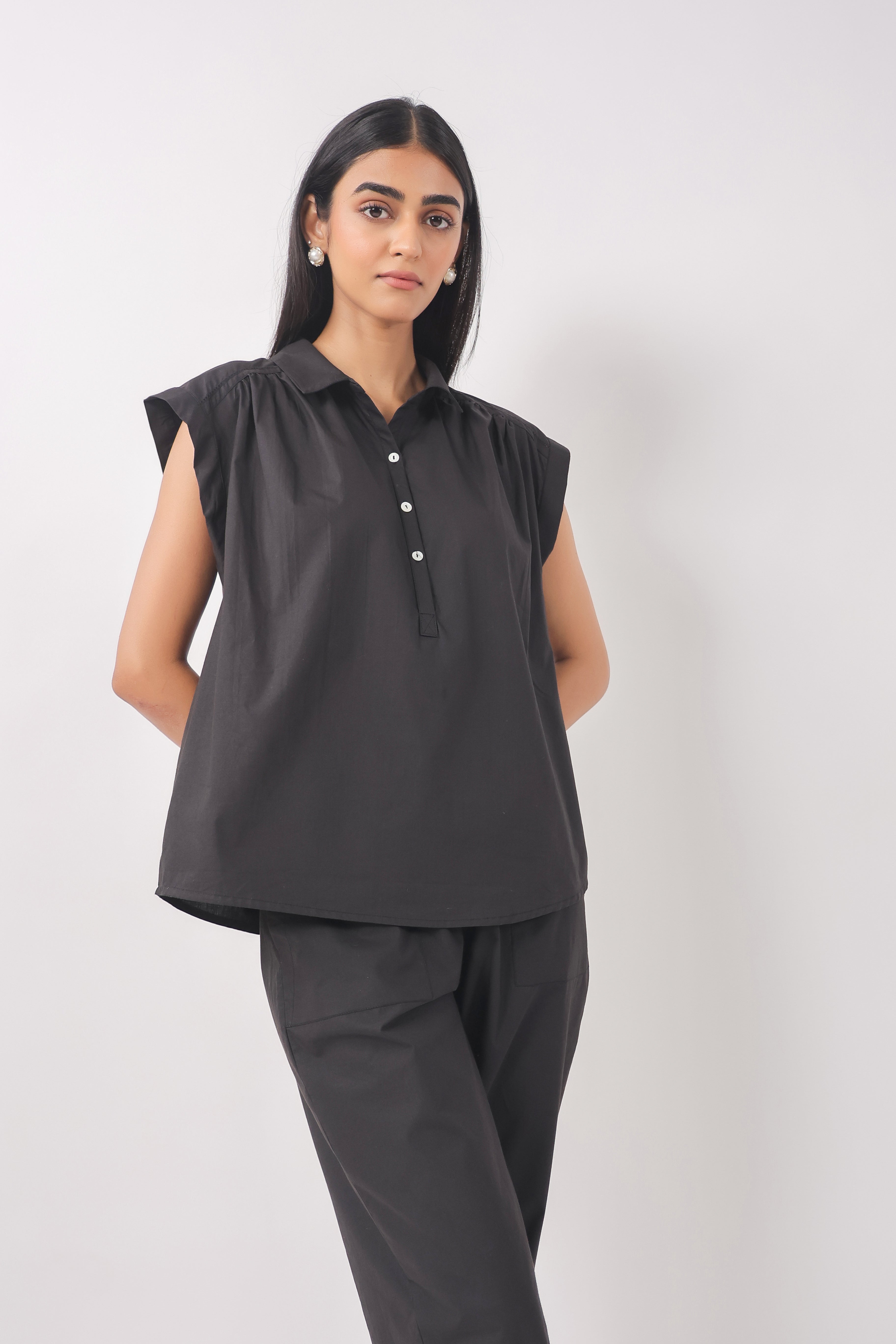 Women’s Black Cotton Top with Black Pants Co-Ord Set