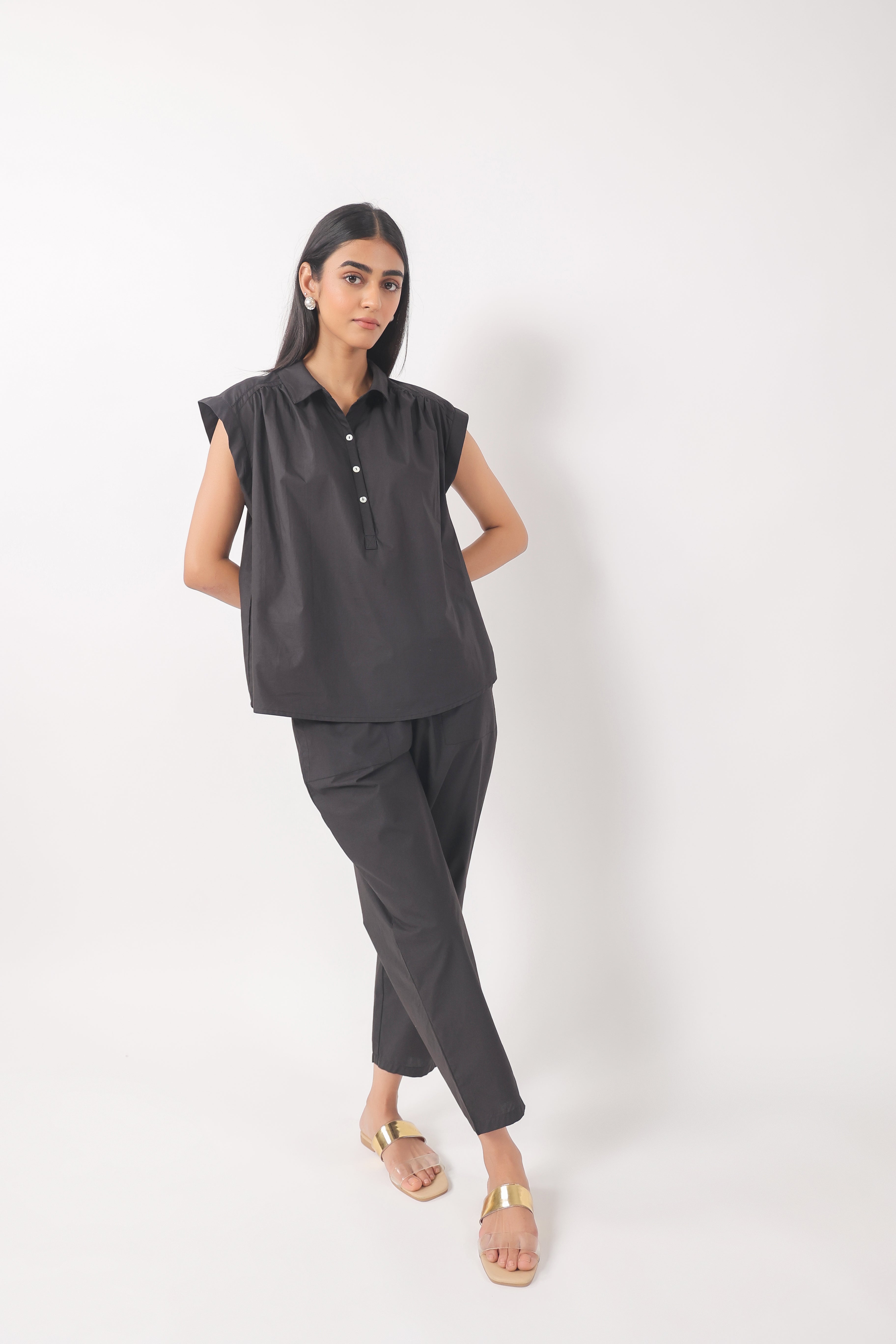 Women’s Black Cotton Top with Black Pants Co-Ord Set