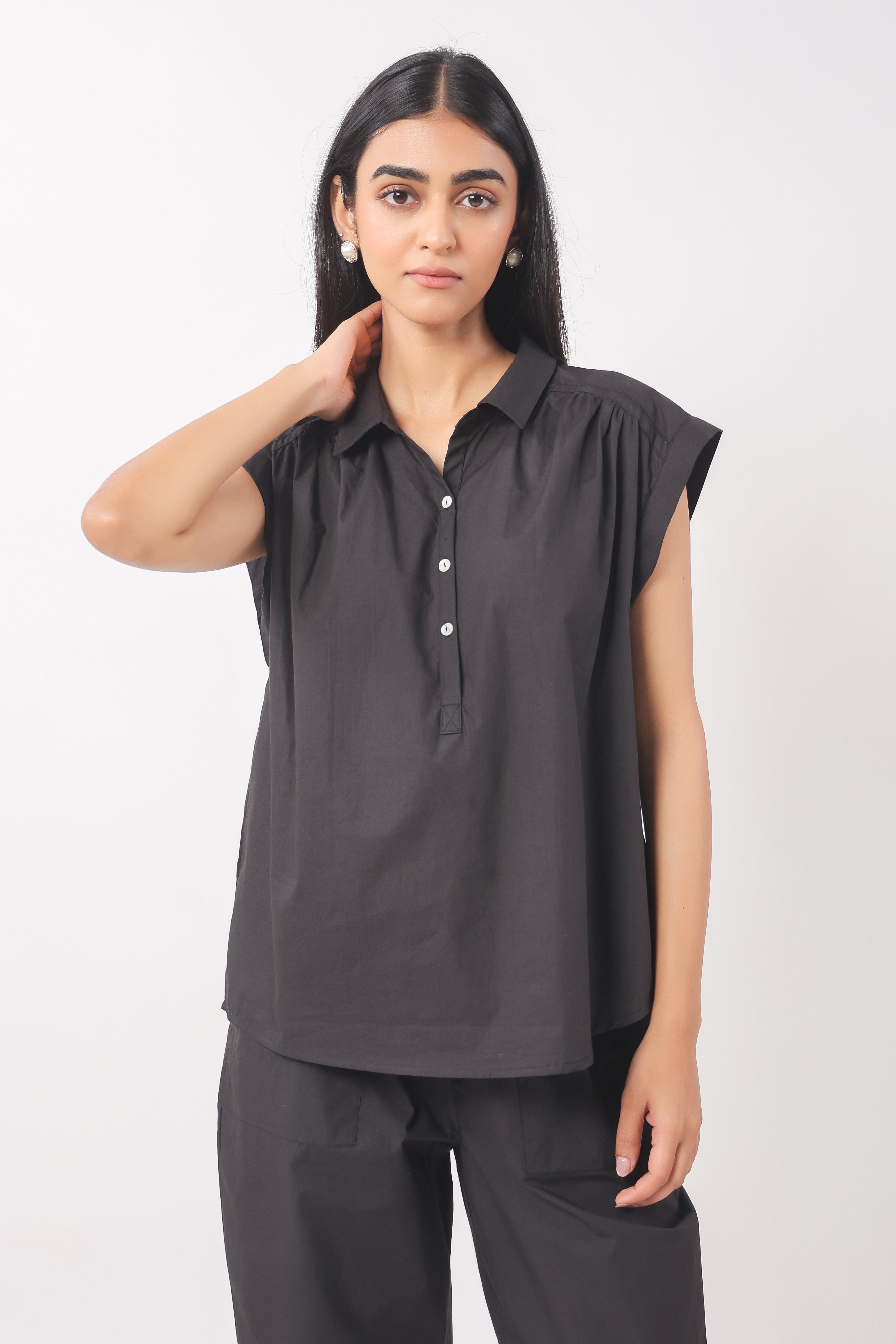 Women’s Black Cotton Top with Black Pants Co-Ord Set
