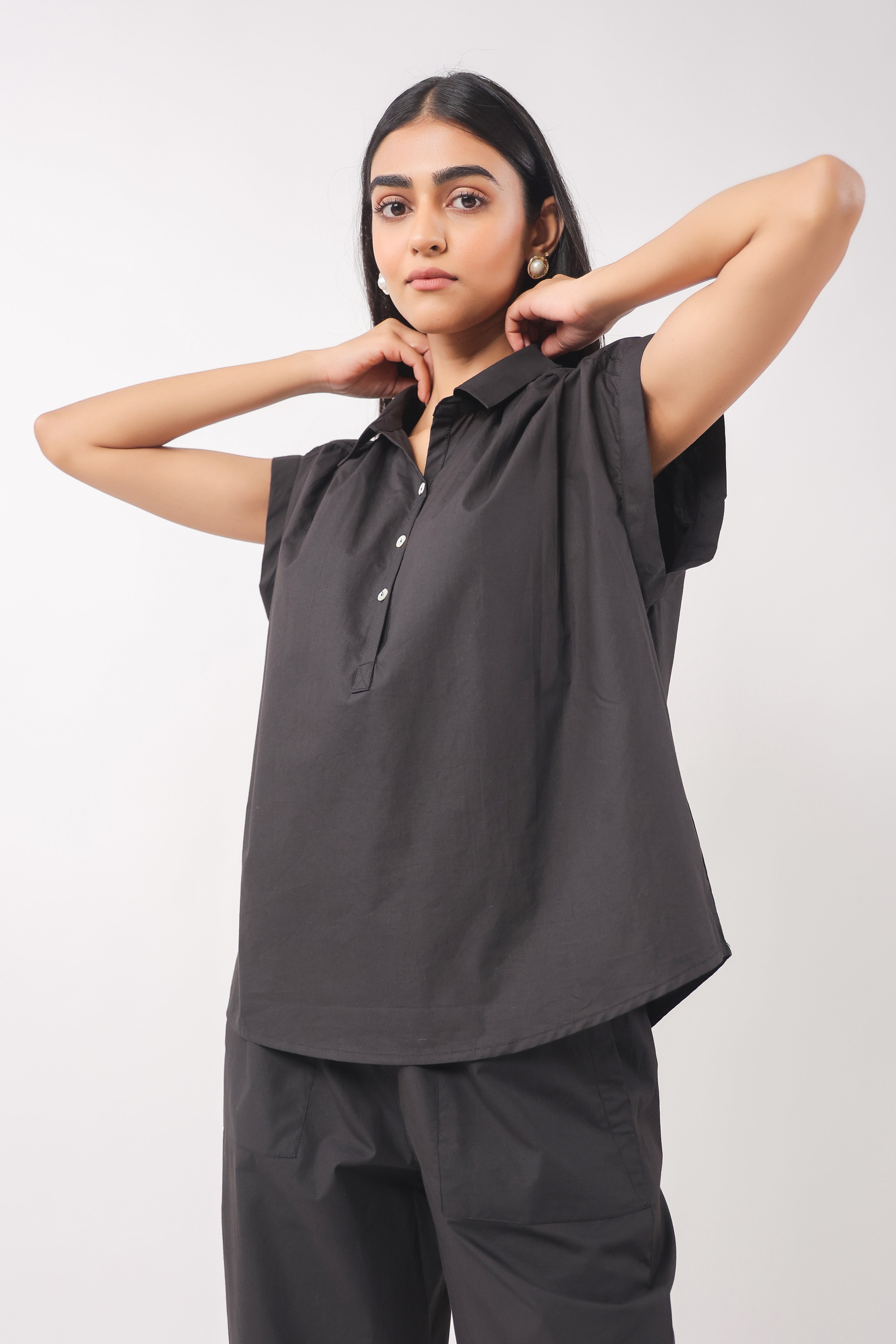 Women’s Black Cotton Top with Black Pants Co-Ord Set
