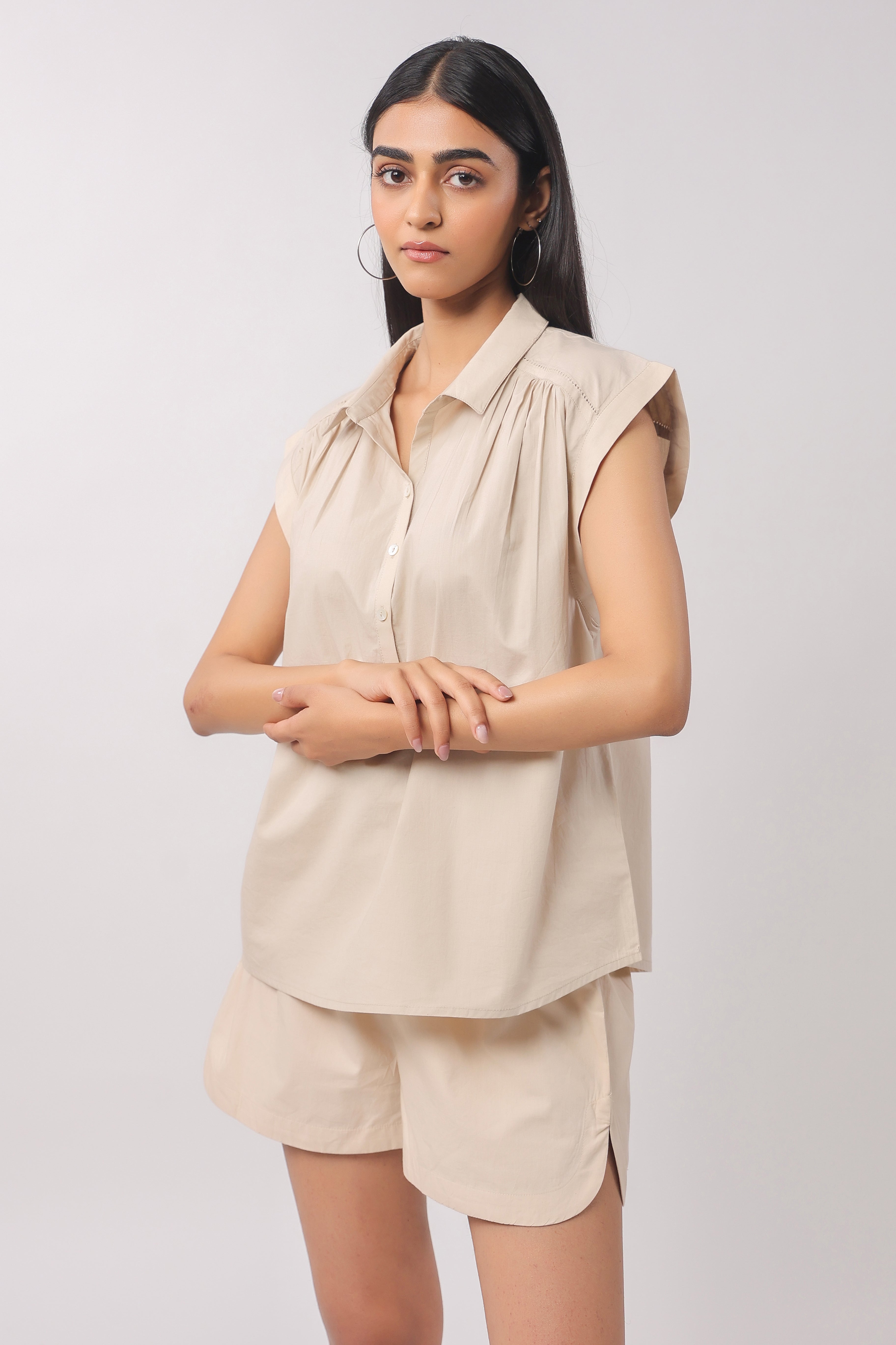 Women’s Beige Cotton Top with Beige Shorts Co-Ord Set