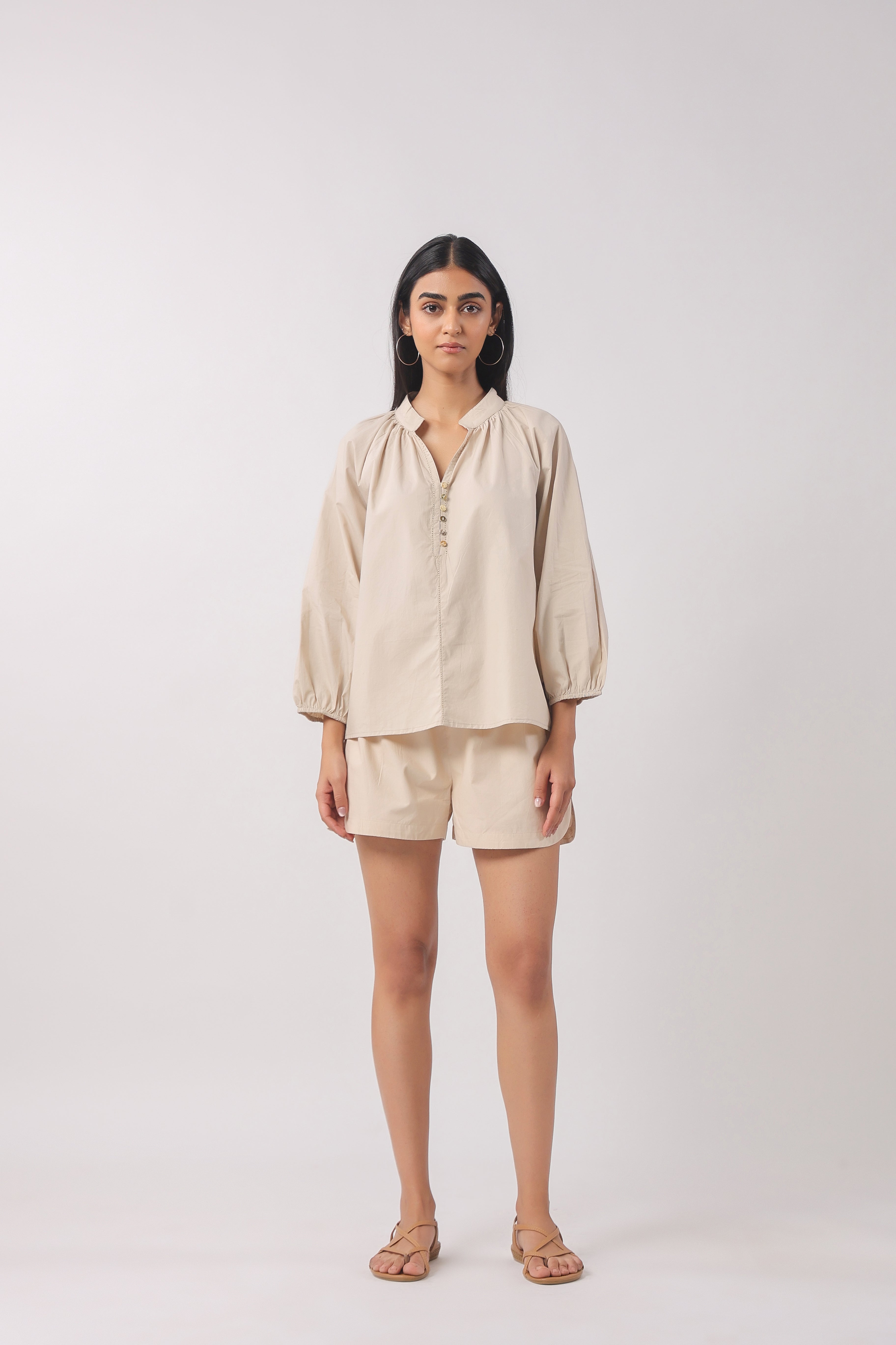 Women’s Beige Cotton Top with Beige Shorts Co-Ord Set