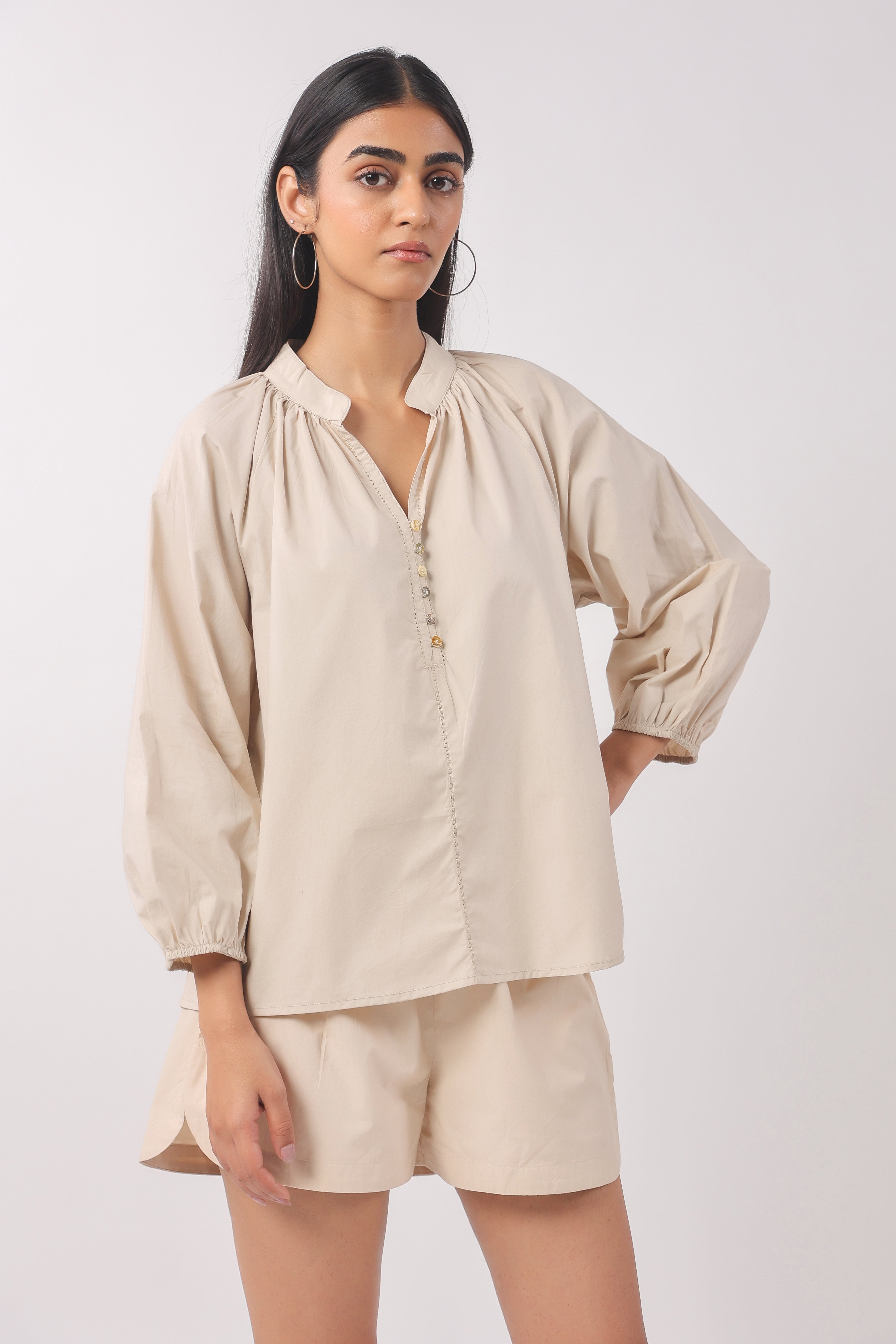 Women’s Beige Cotton Top with Beige Shorts Co-Ord Set
