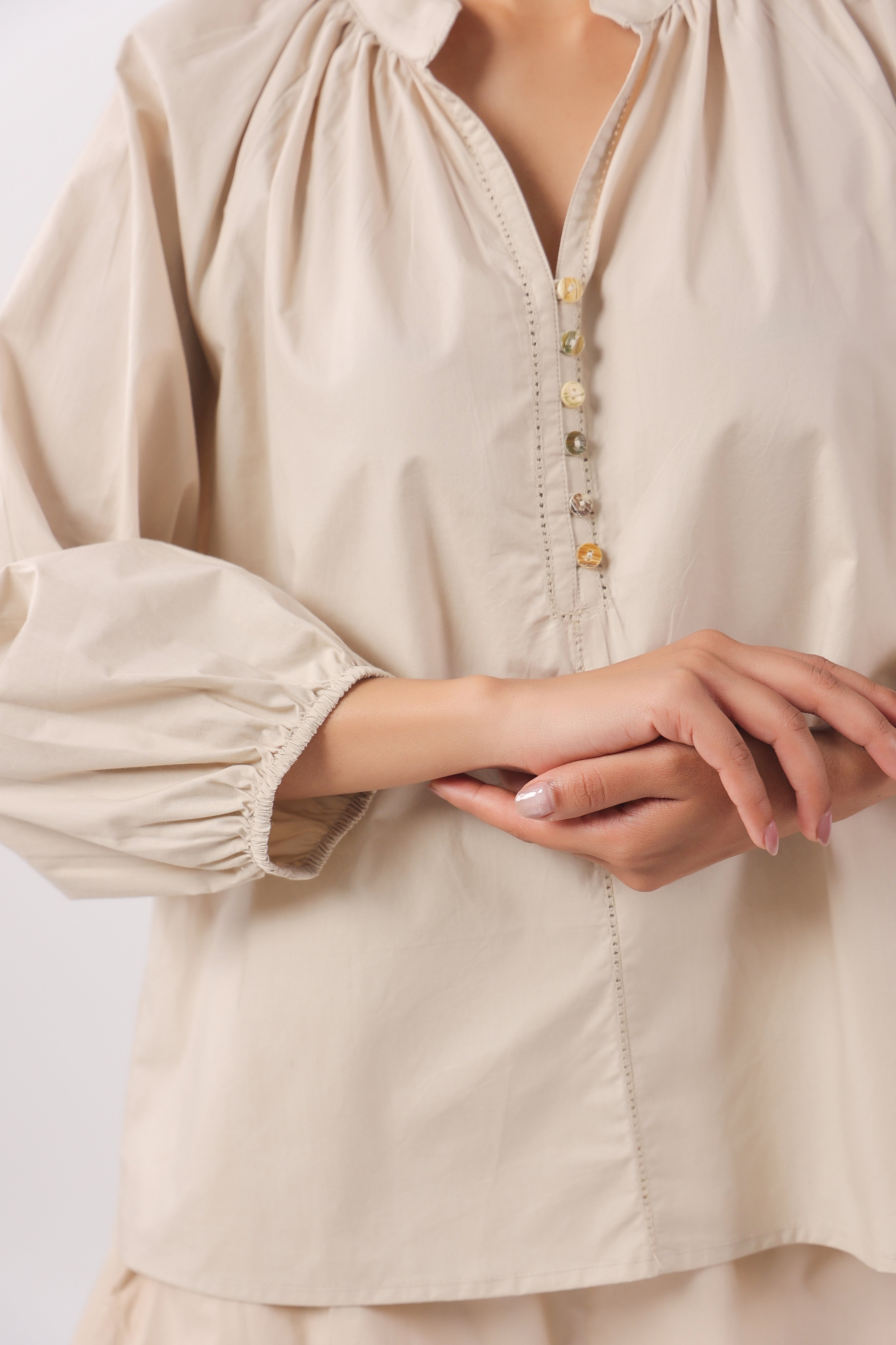 Women’s Beige Cotton Top with Beige Shorts Co-Ord Set