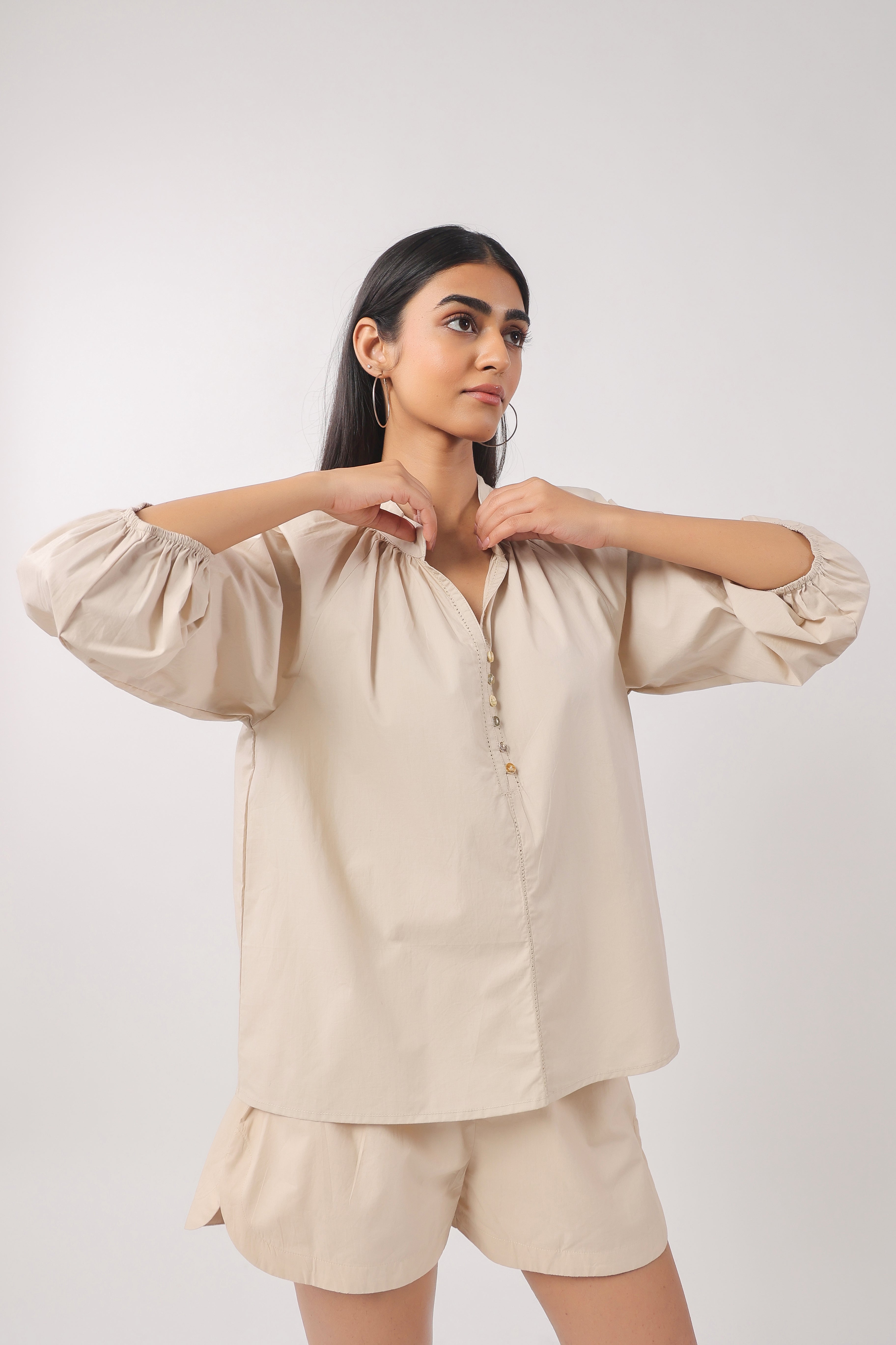 Women’s Beige Cotton Top with Beige Shorts Co-Ord Set
