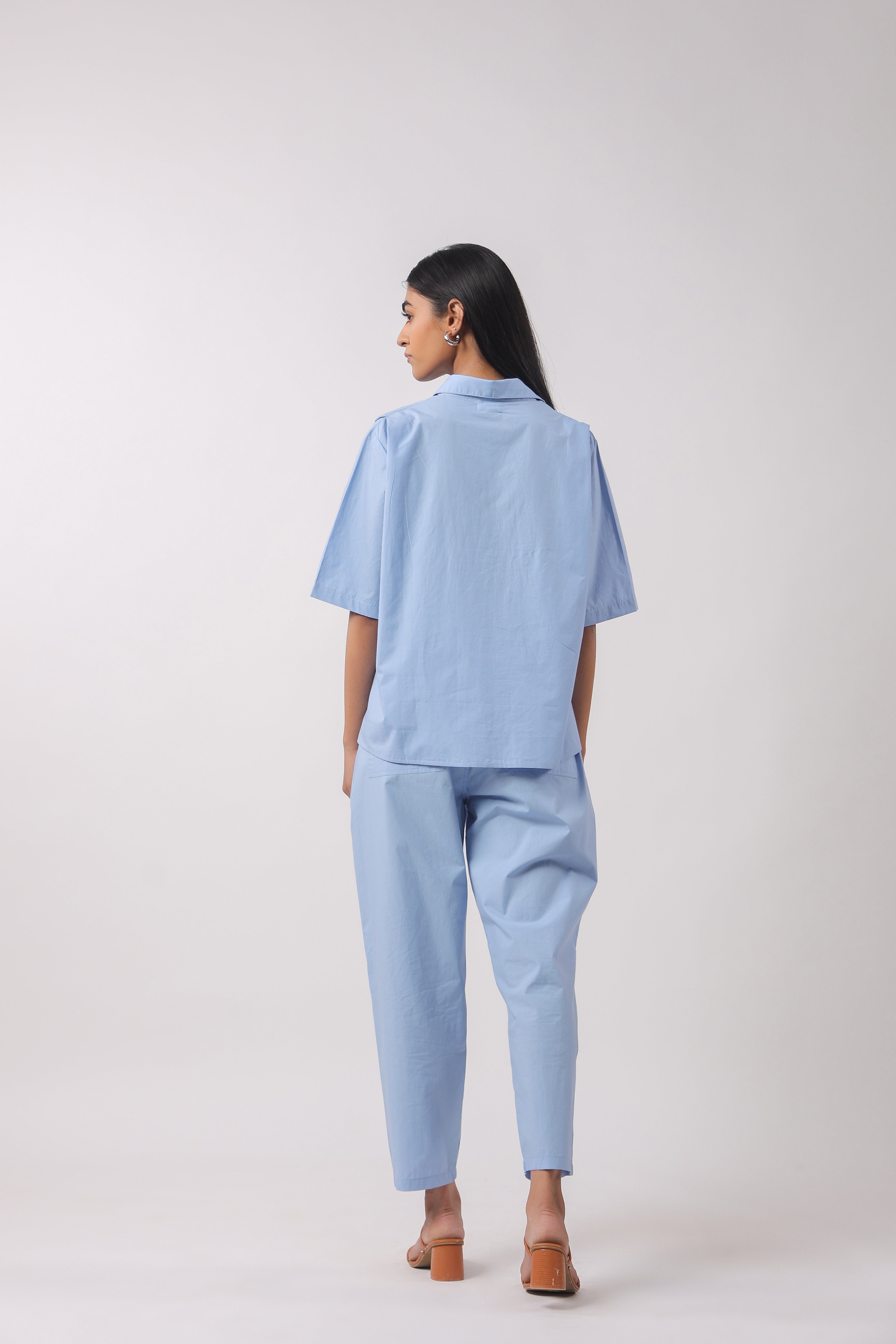 MUUN Women Blue Solid Cotton Half Sleeve Shirt Collar Co-Ord Set