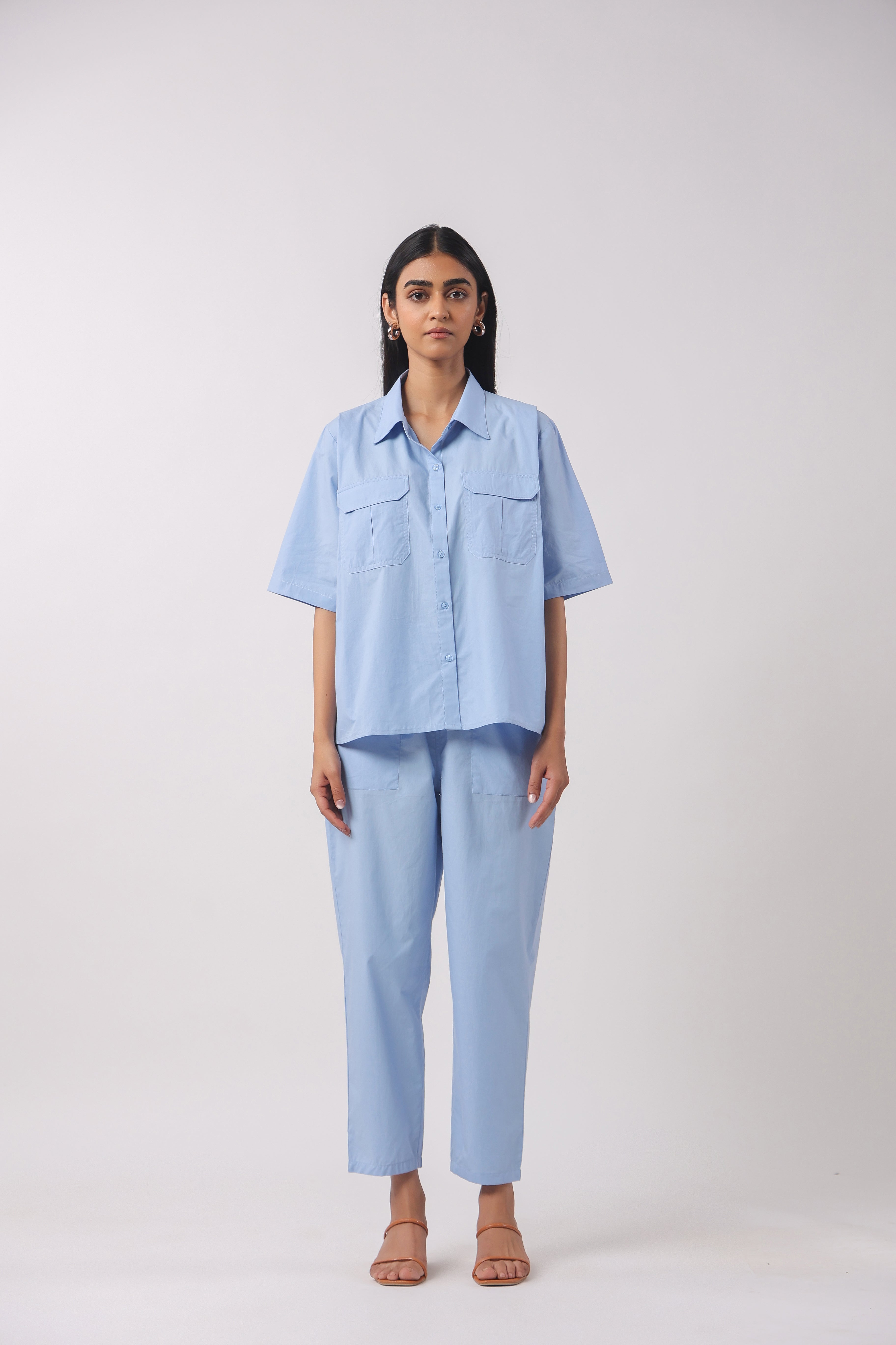MUUN Women Blue Solid Cotton Half Sleeve Shirt Collar Co-Ord Set