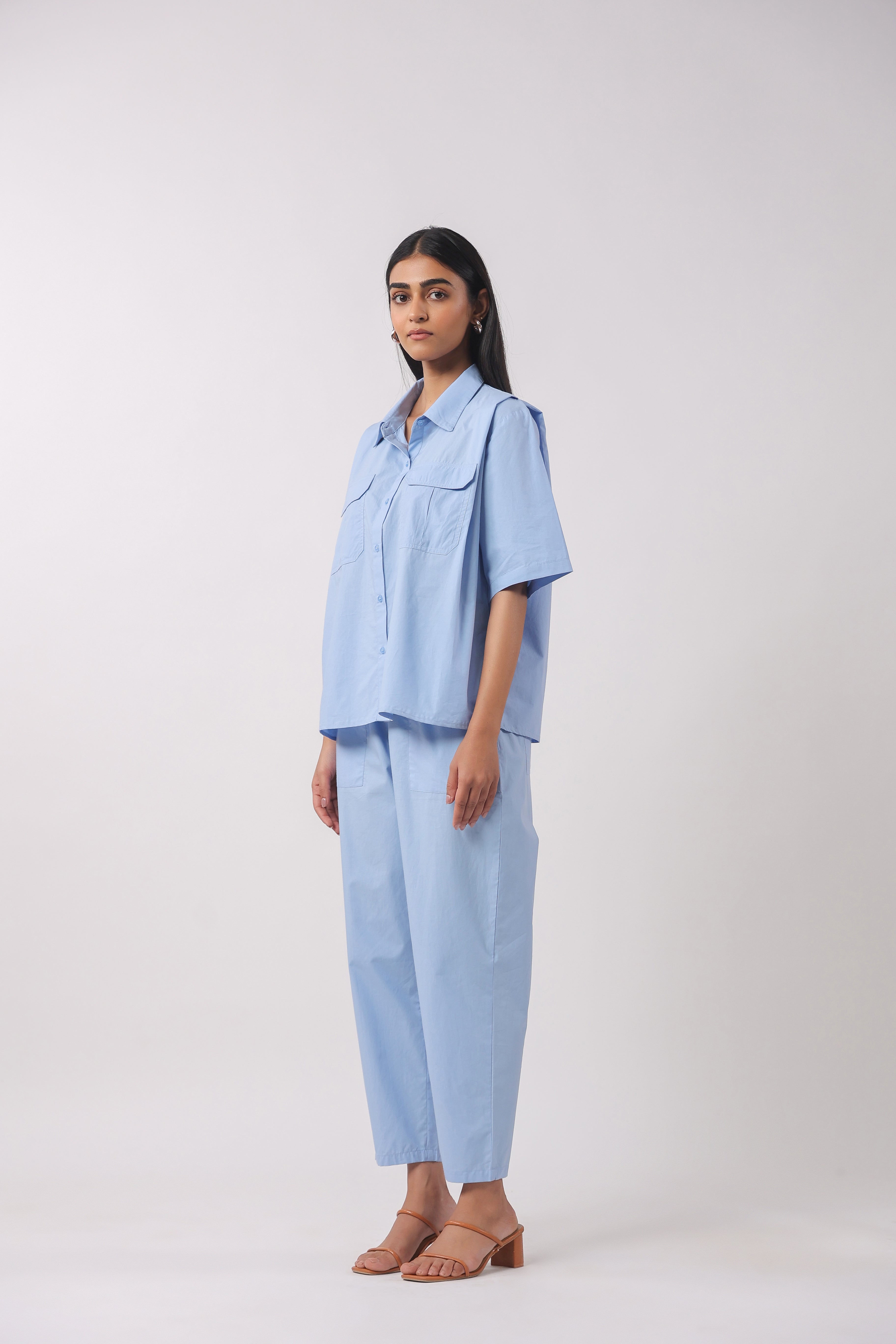 MUUN Women Blue Solid Cotton Half Sleeve Shirt Collar Co-Ord Set