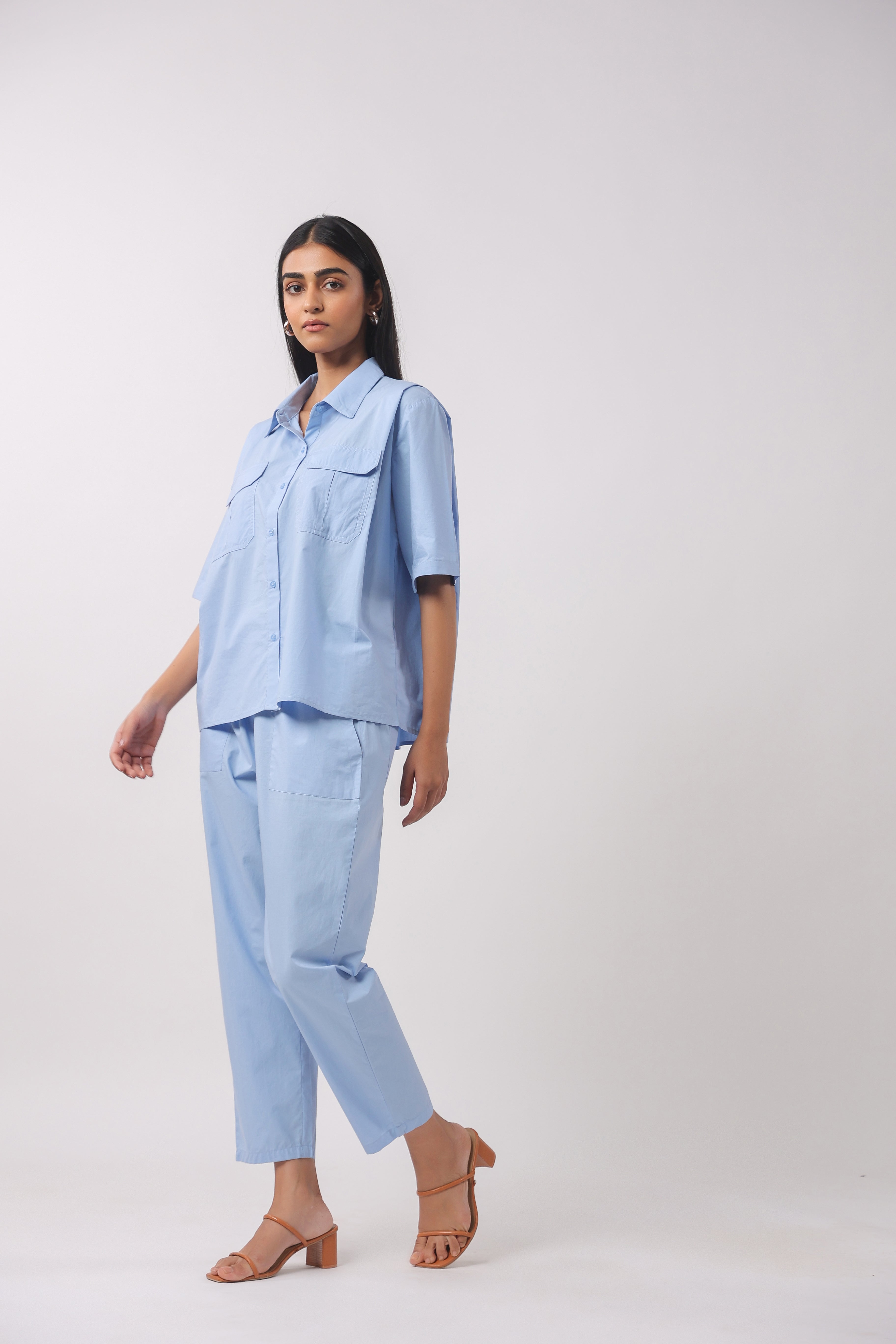 MUUN Women Blue Solid Cotton Half Sleeve Shirt Collar Co-Ord Set
