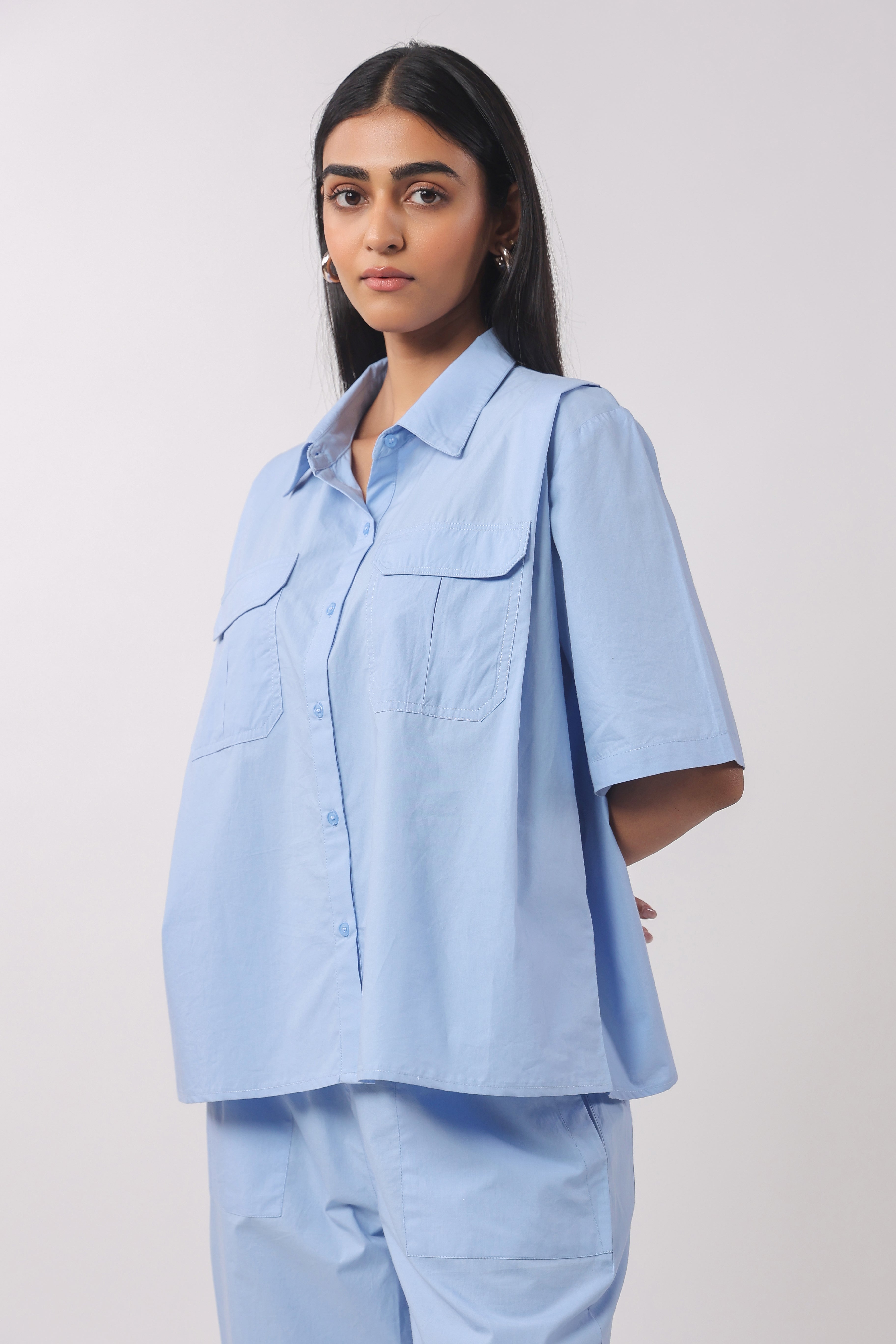 MUUN Women Blue Solid Cotton Half Sleeve Shirt Collar Co-Ord Set