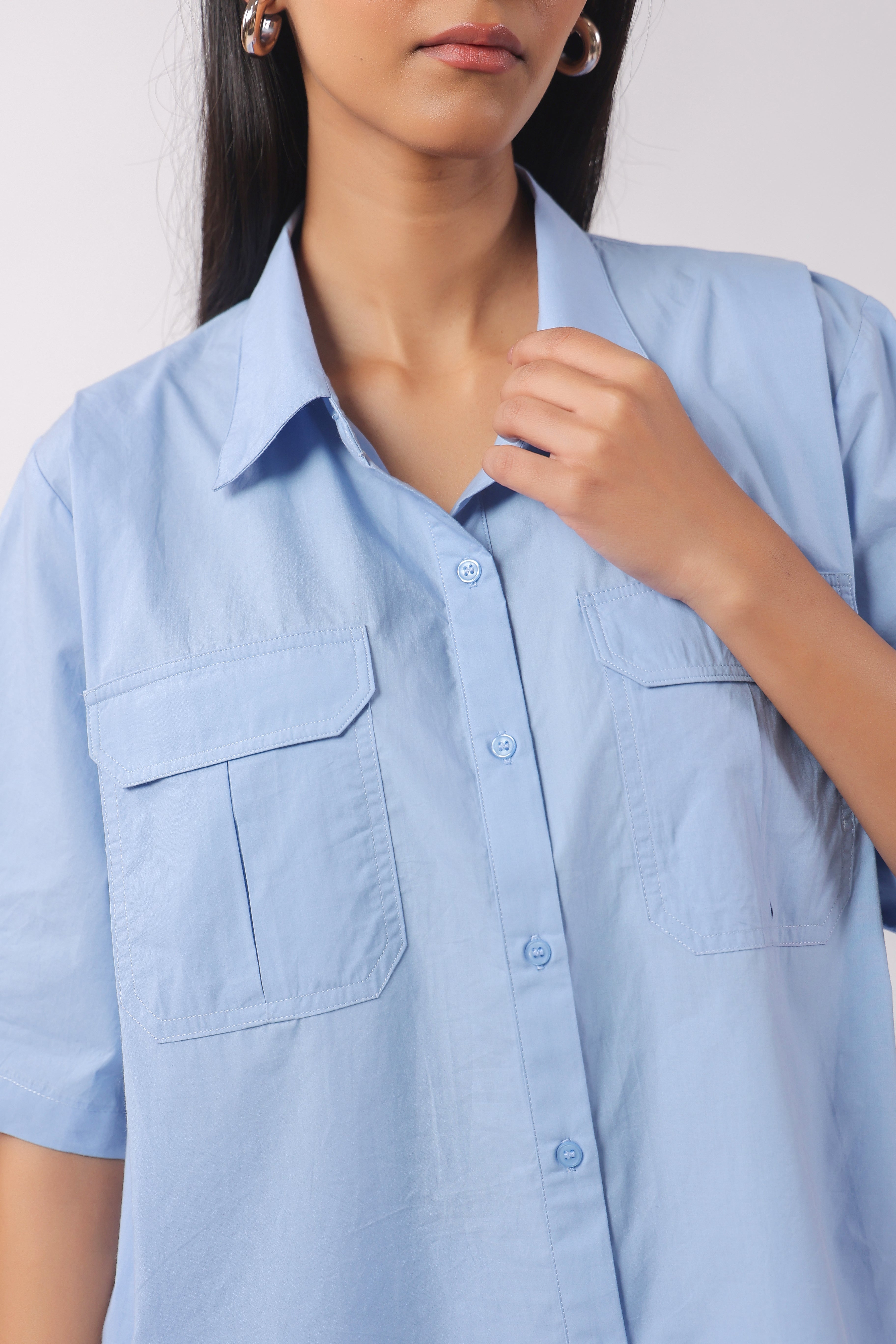 MUUN Women Blue Solid Cotton Half Sleeve Shirt Collar Co-Ord Set