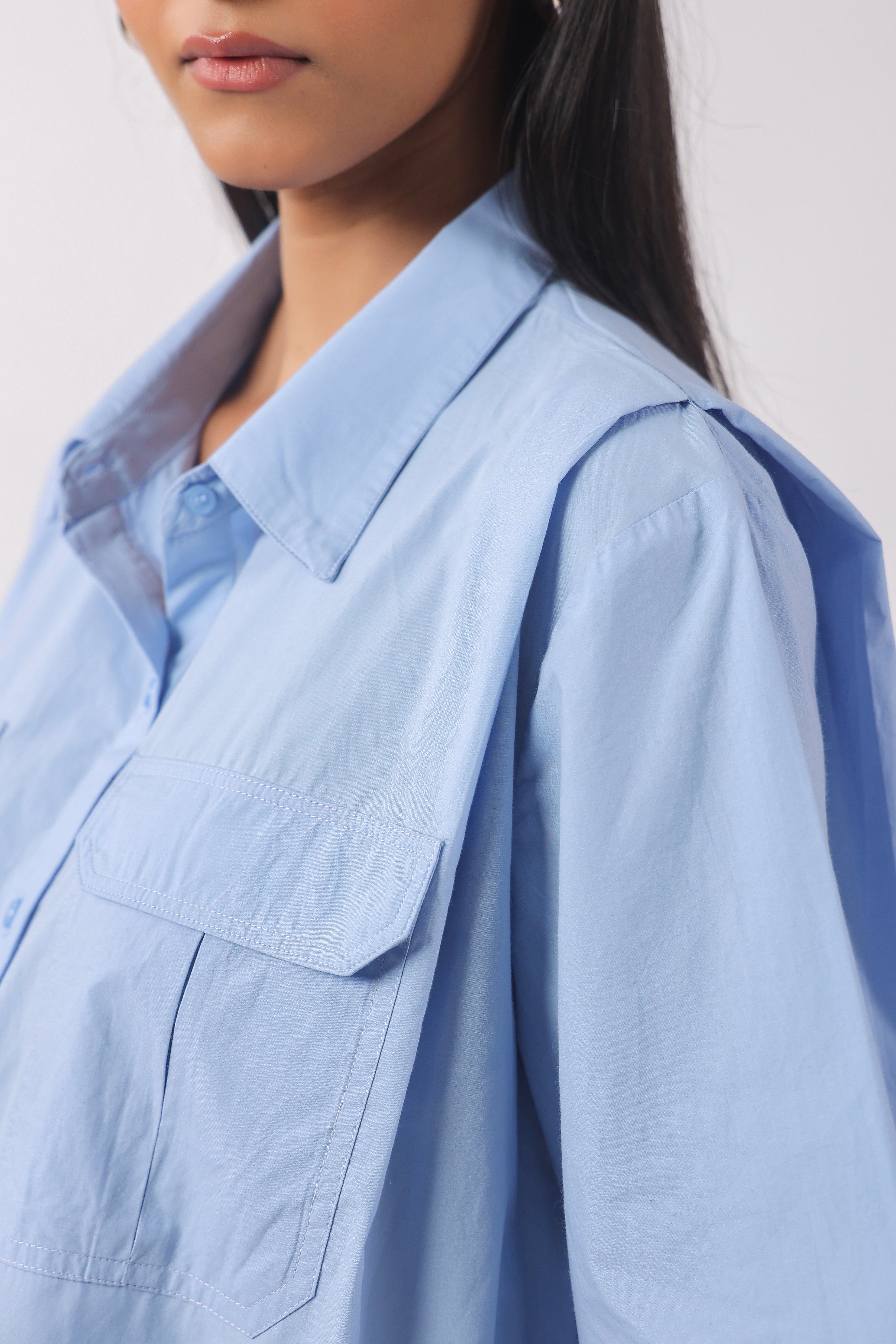 MUUN Women Blue Solid Cotton Half Sleeve Shirt Collar Co-Ord Set