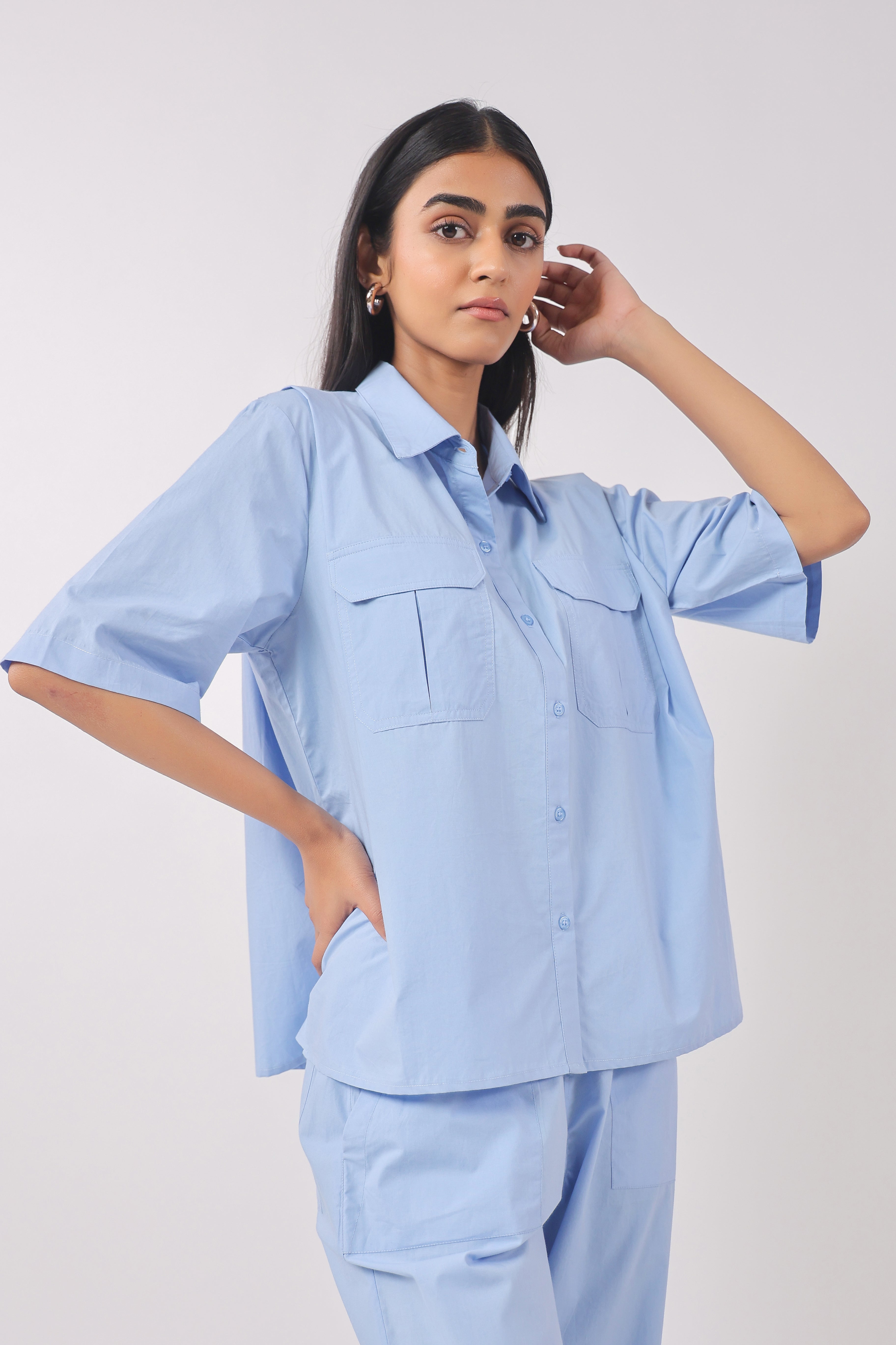 MUUN Women Blue Solid Cotton Half Sleeve Shirt Collar Co-Ord Set