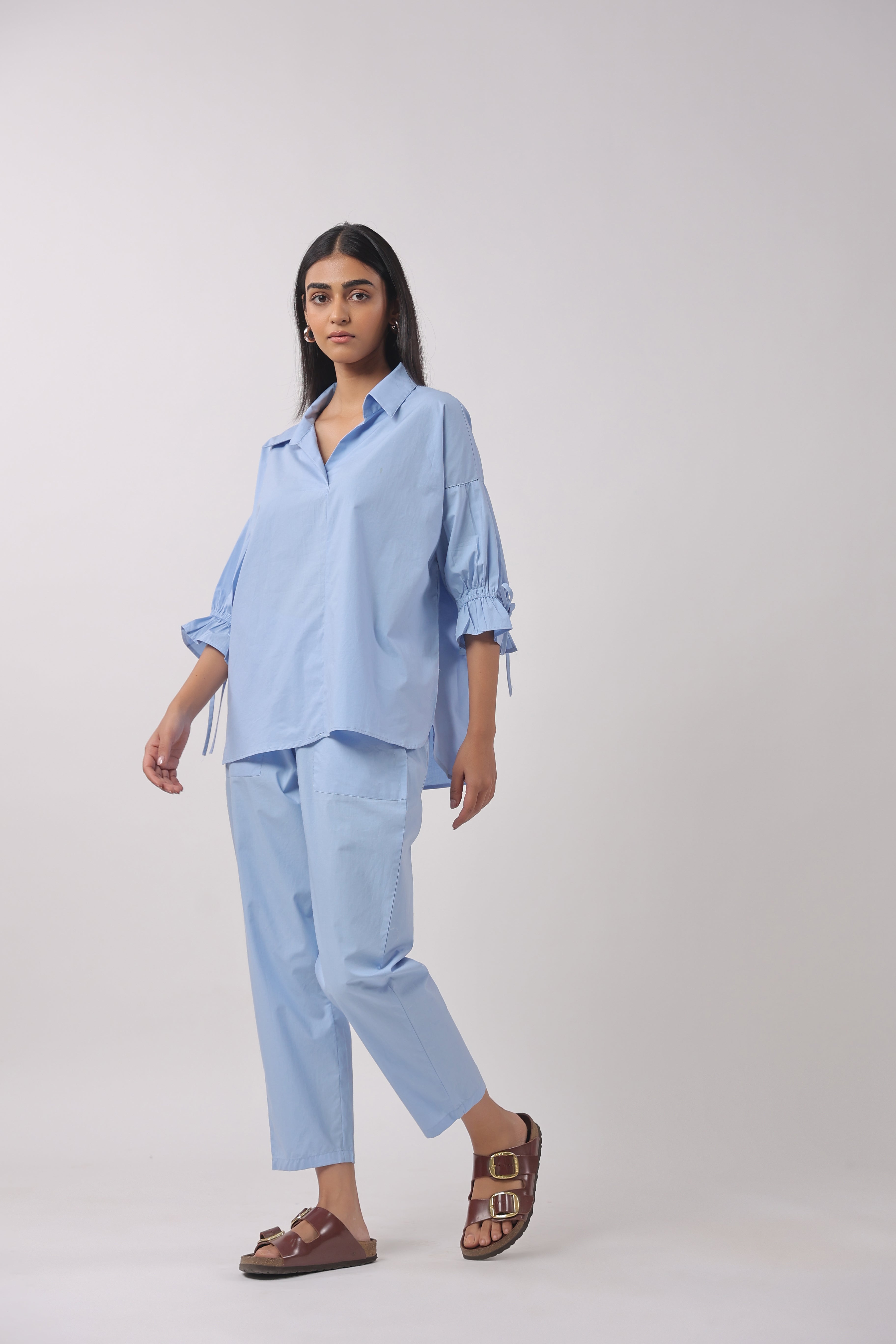 MUUN Women Blue Solid Cotton 3/4 Sleeve Shirt Collar Co-Ord Set