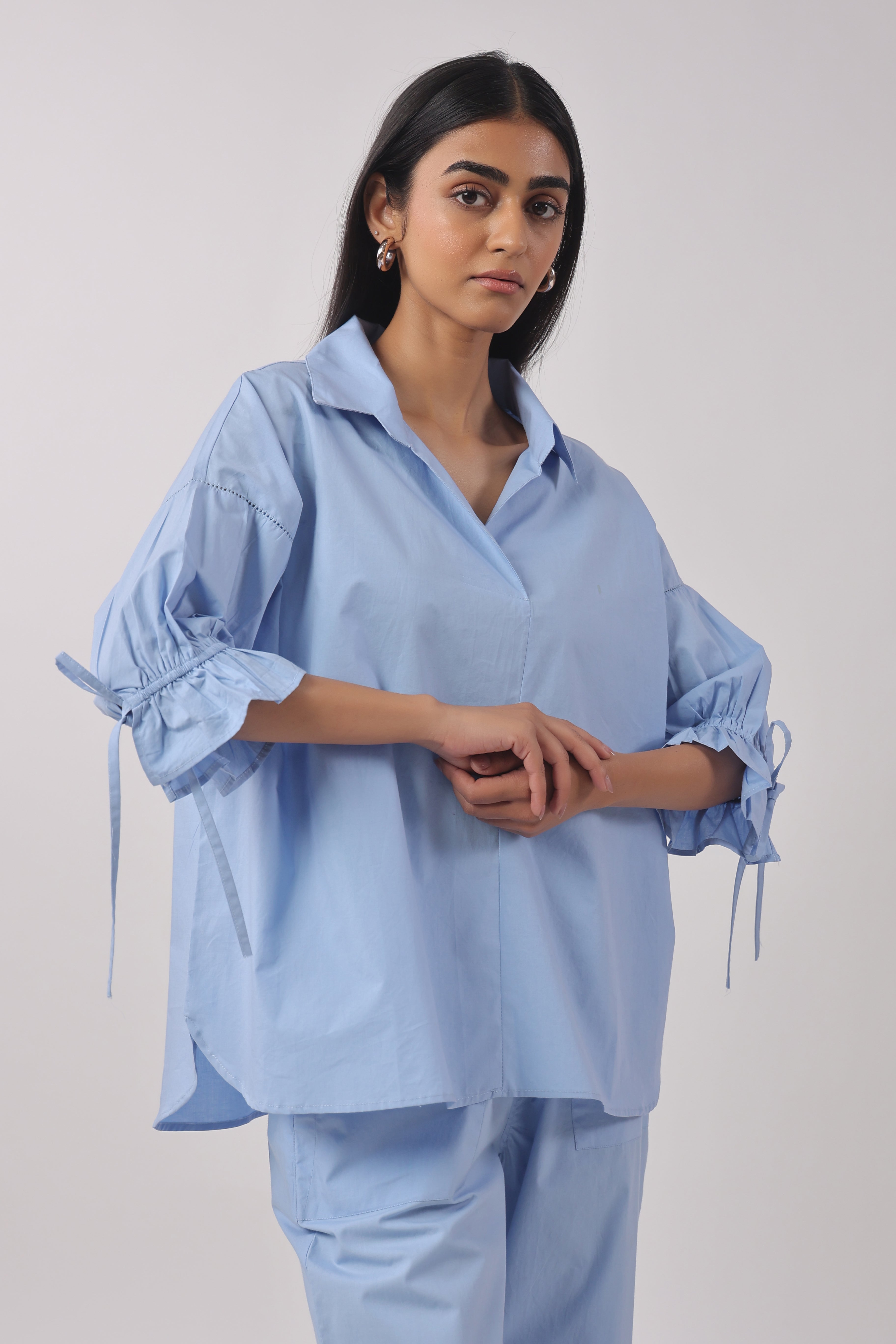MUUN Women Blue Solid Cotton 3/4 Sleeve Shirt Collar Co-Ord Set