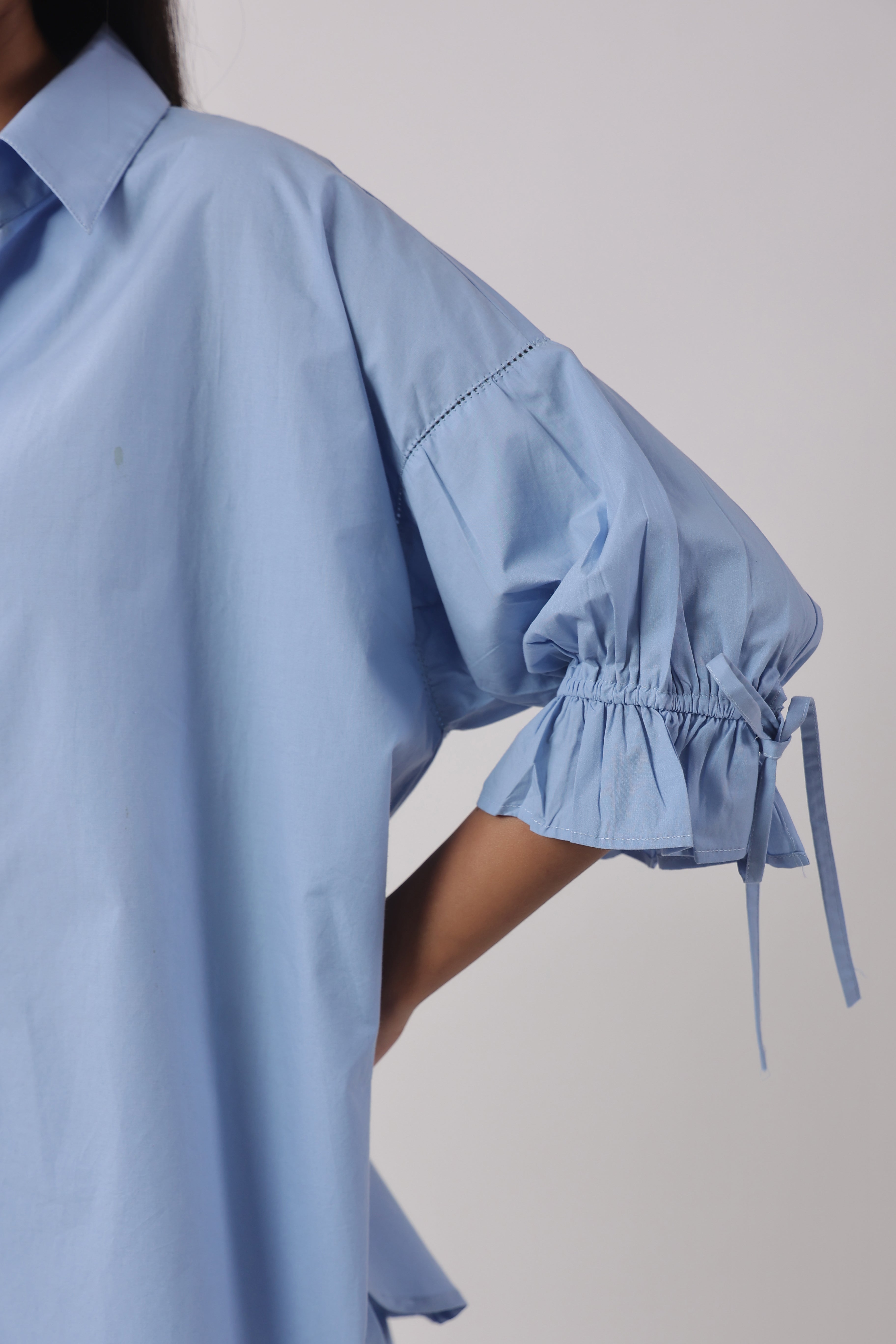 MUUN Women Blue Solid Cotton 3/4 Sleeve Shirt Collar Co-Ord Set