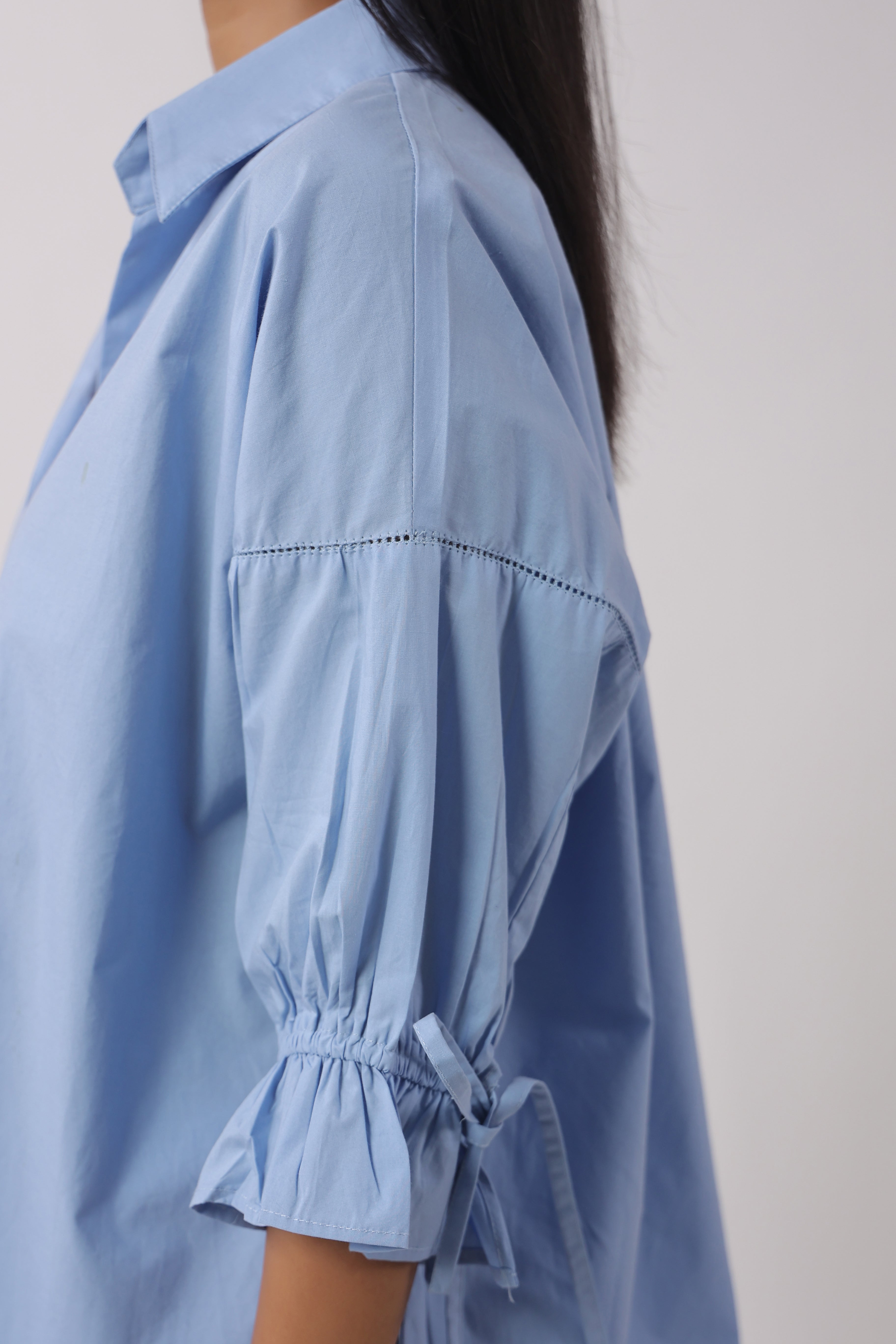 MUUN Women Blue Solid Cotton 3/4 Sleeve Shirt Collar Co-Ord Set