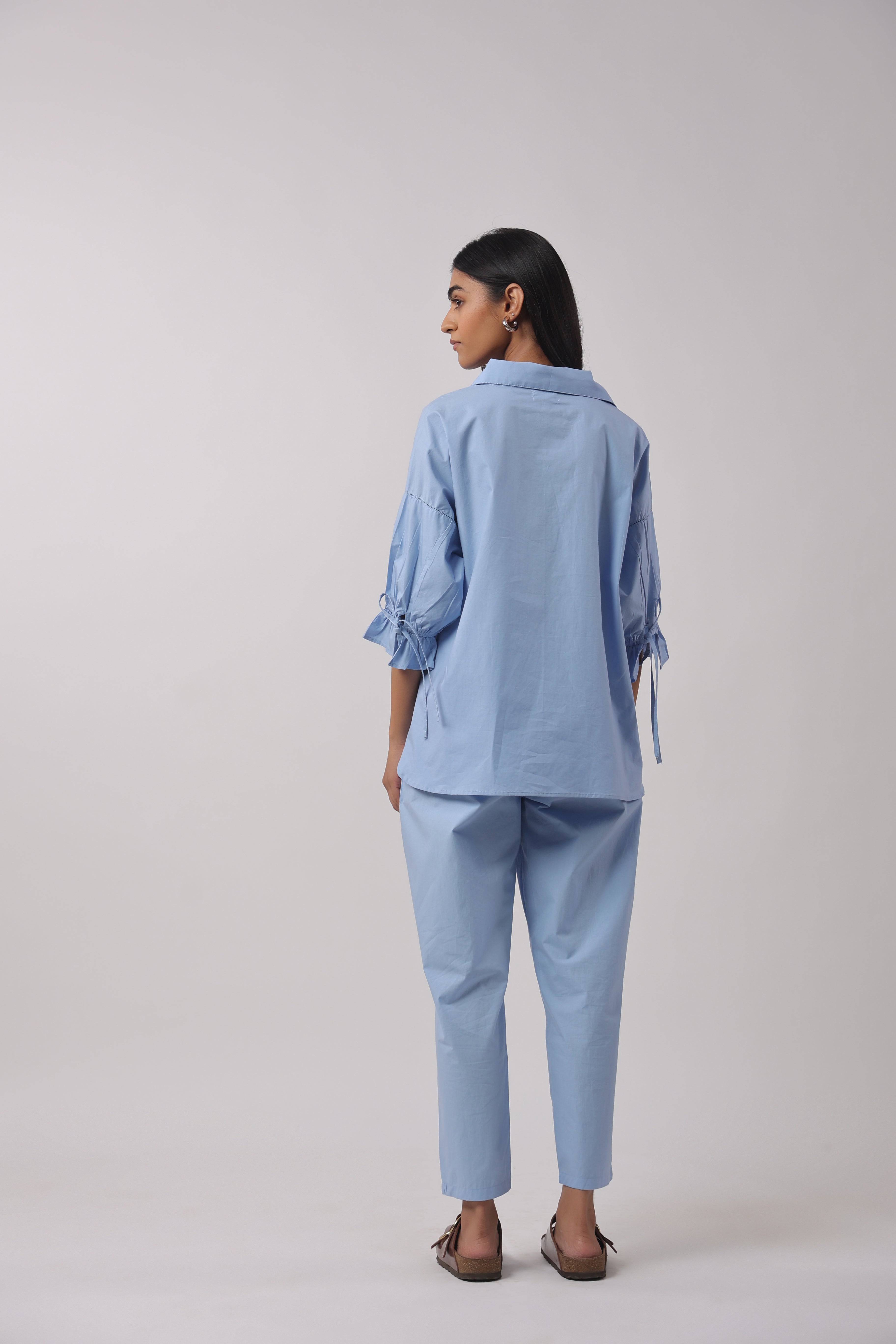 MUUN Women Blue Solid Cotton 3/4 Sleeve Shirt Collar Co-Ord Set