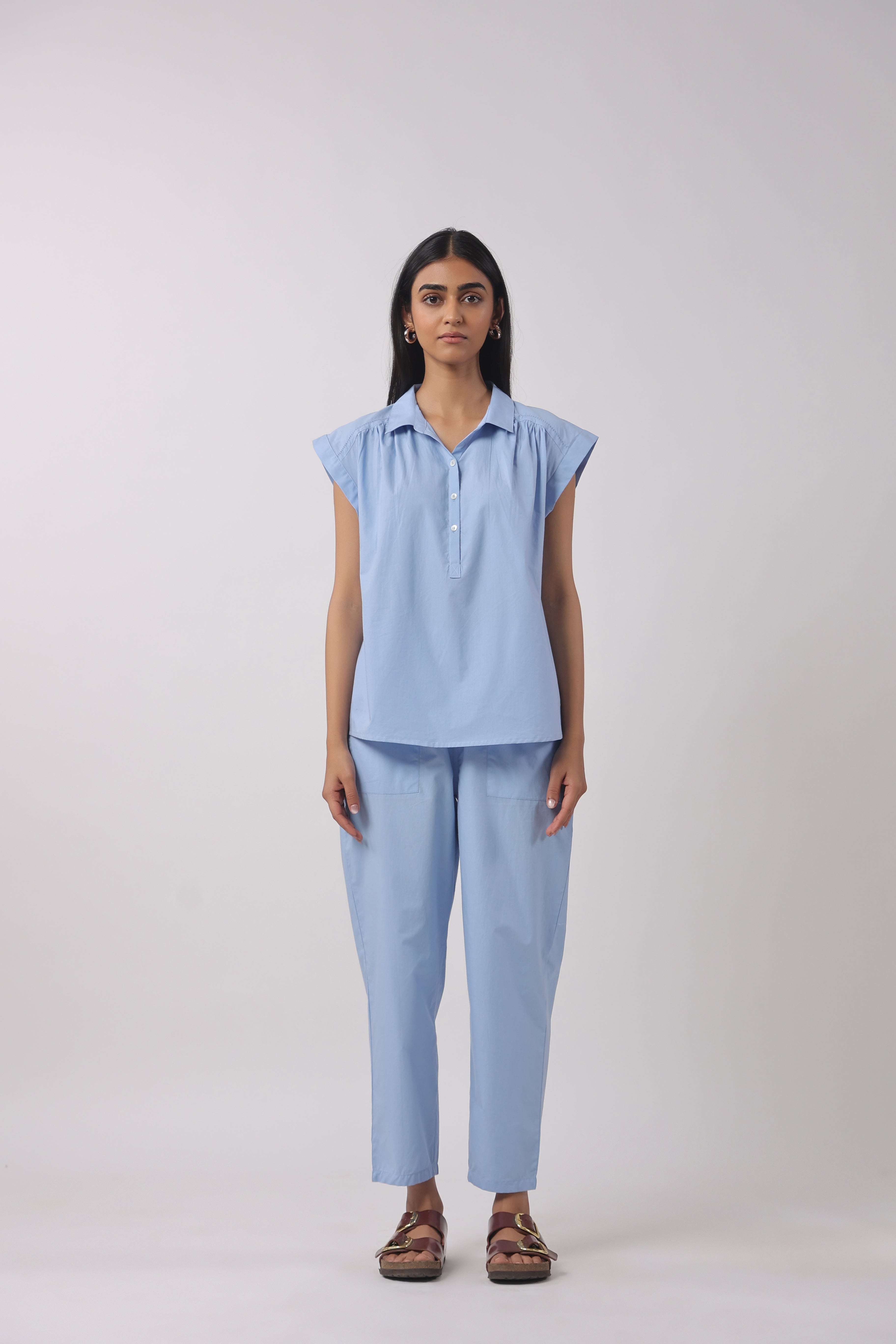 Women’s Blue Cotton Top with Blue Pants Co-Ord Set