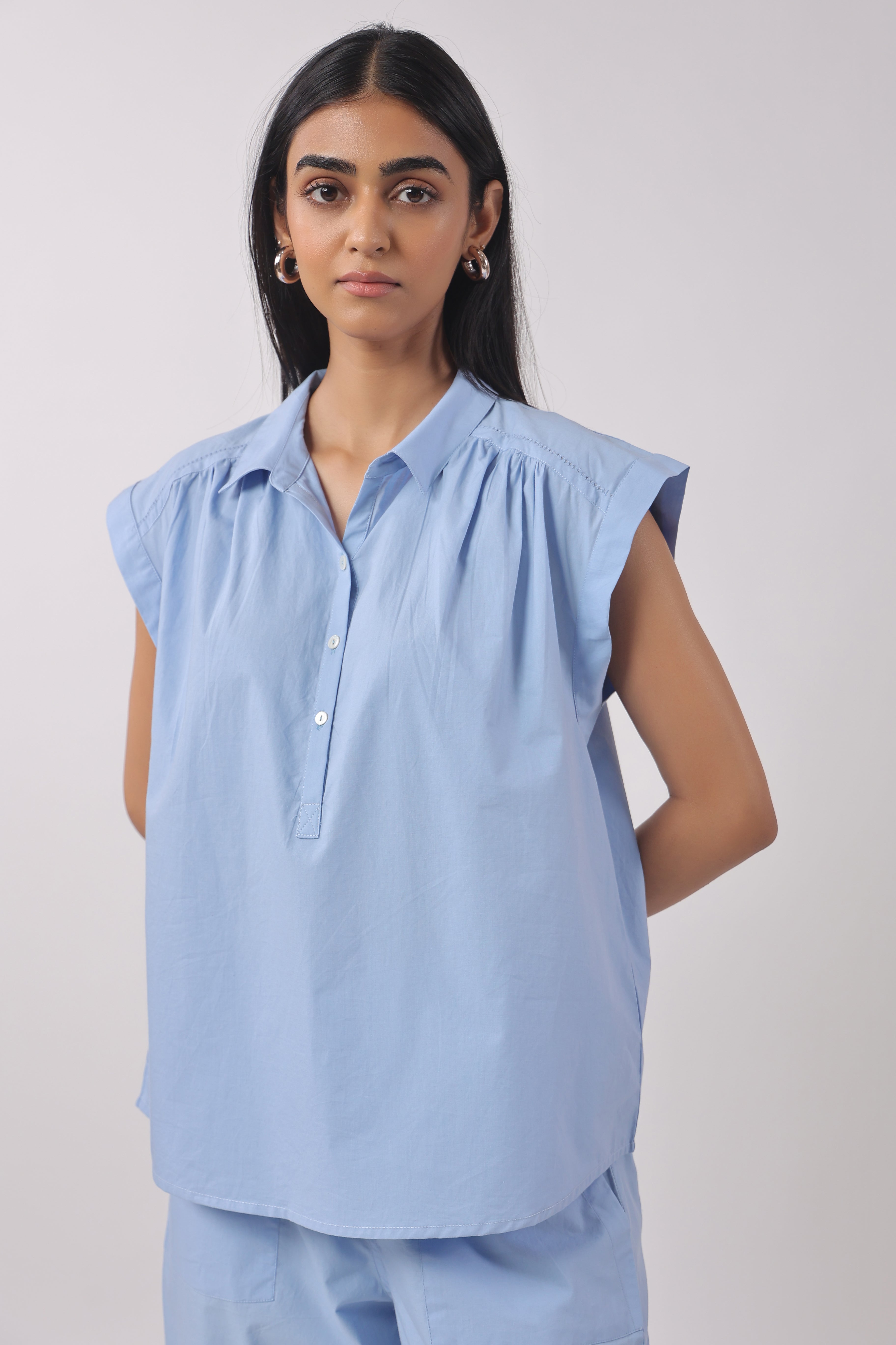 Women’s Blue Cotton Top with Blue Pants Co-Ord Set