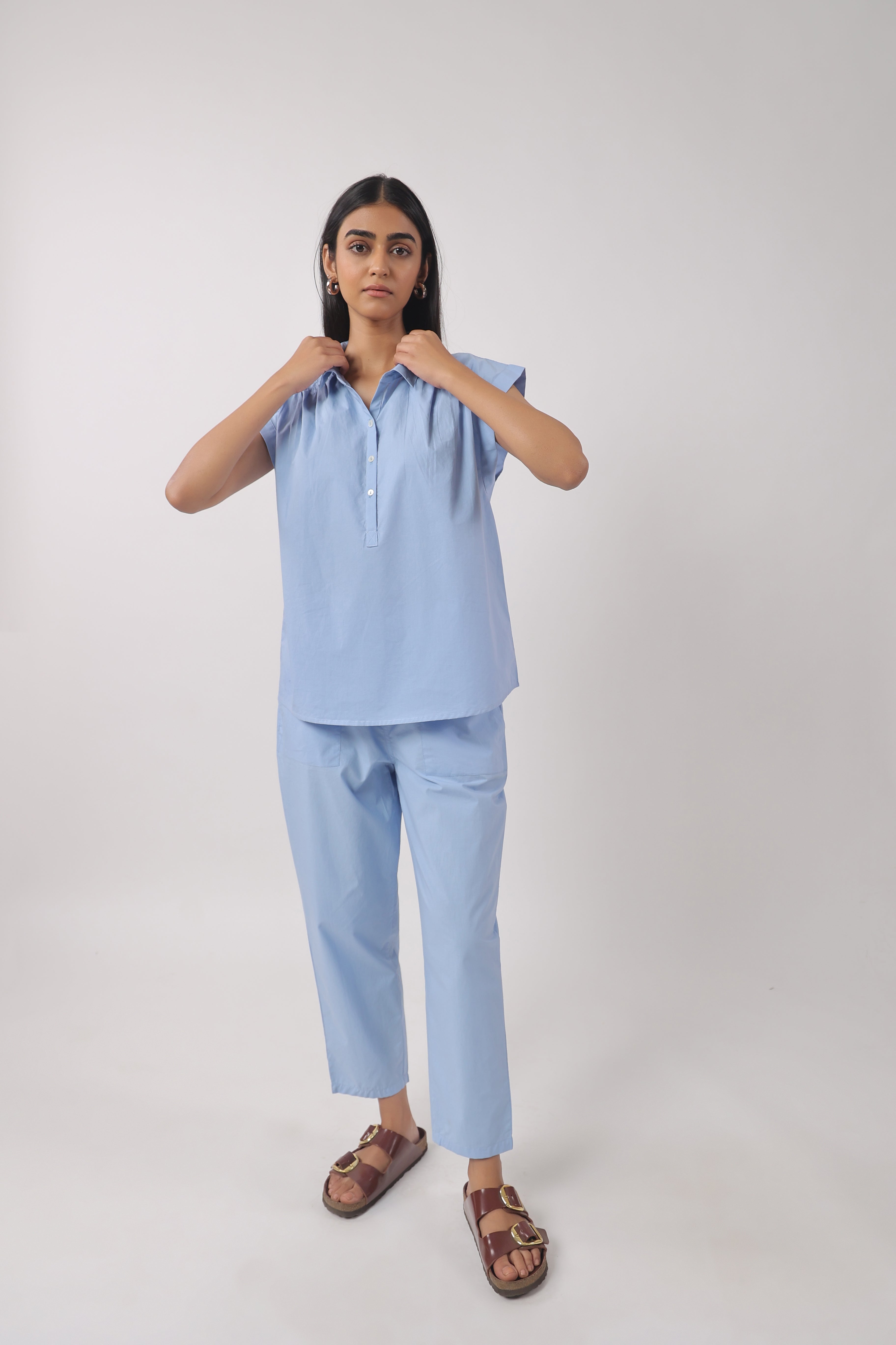 Women’s Blue Cotton Top with Blue Pants Co-Ord Set