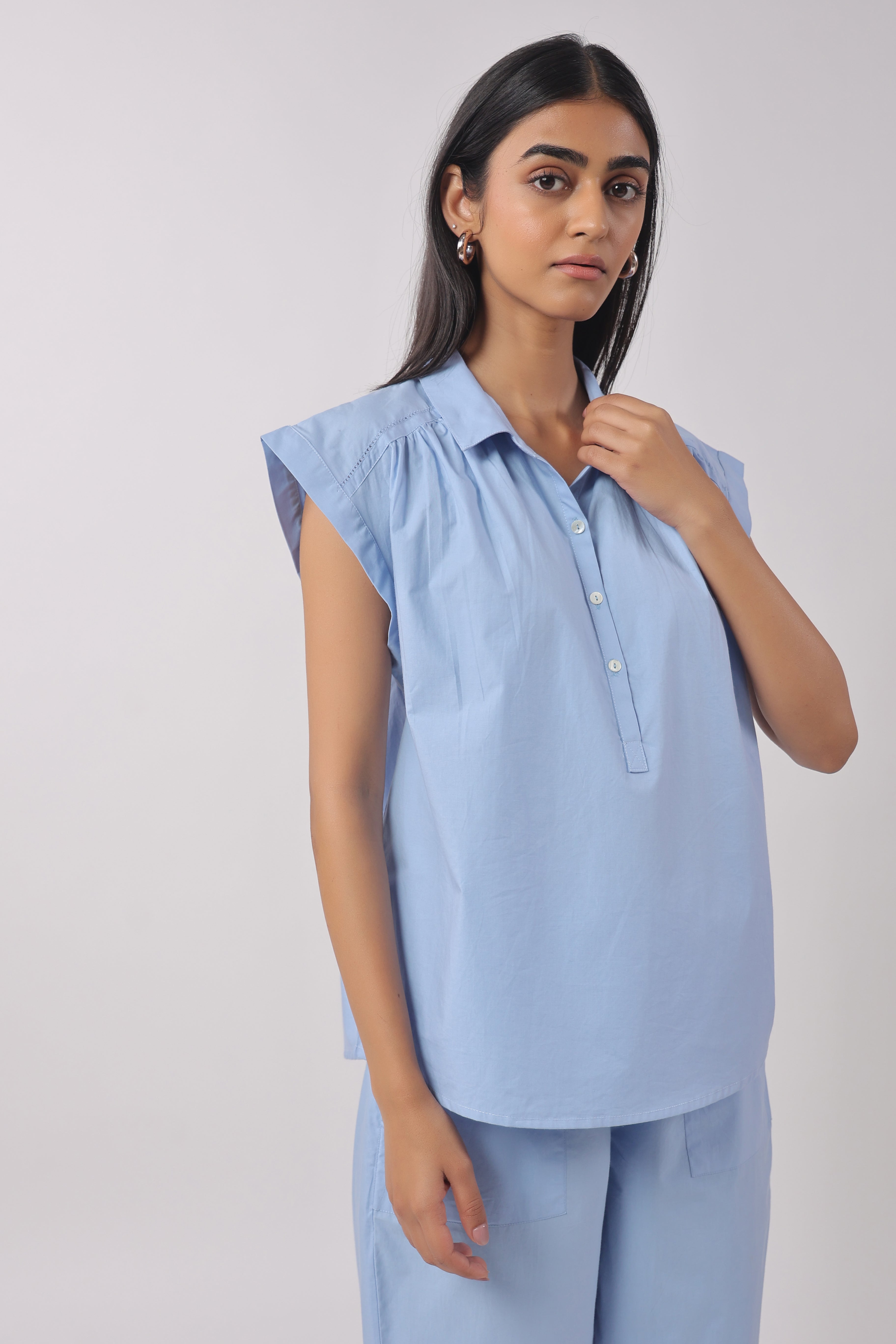 Women’s Blue Cotton Top with Blue Pants Co-Ord Set