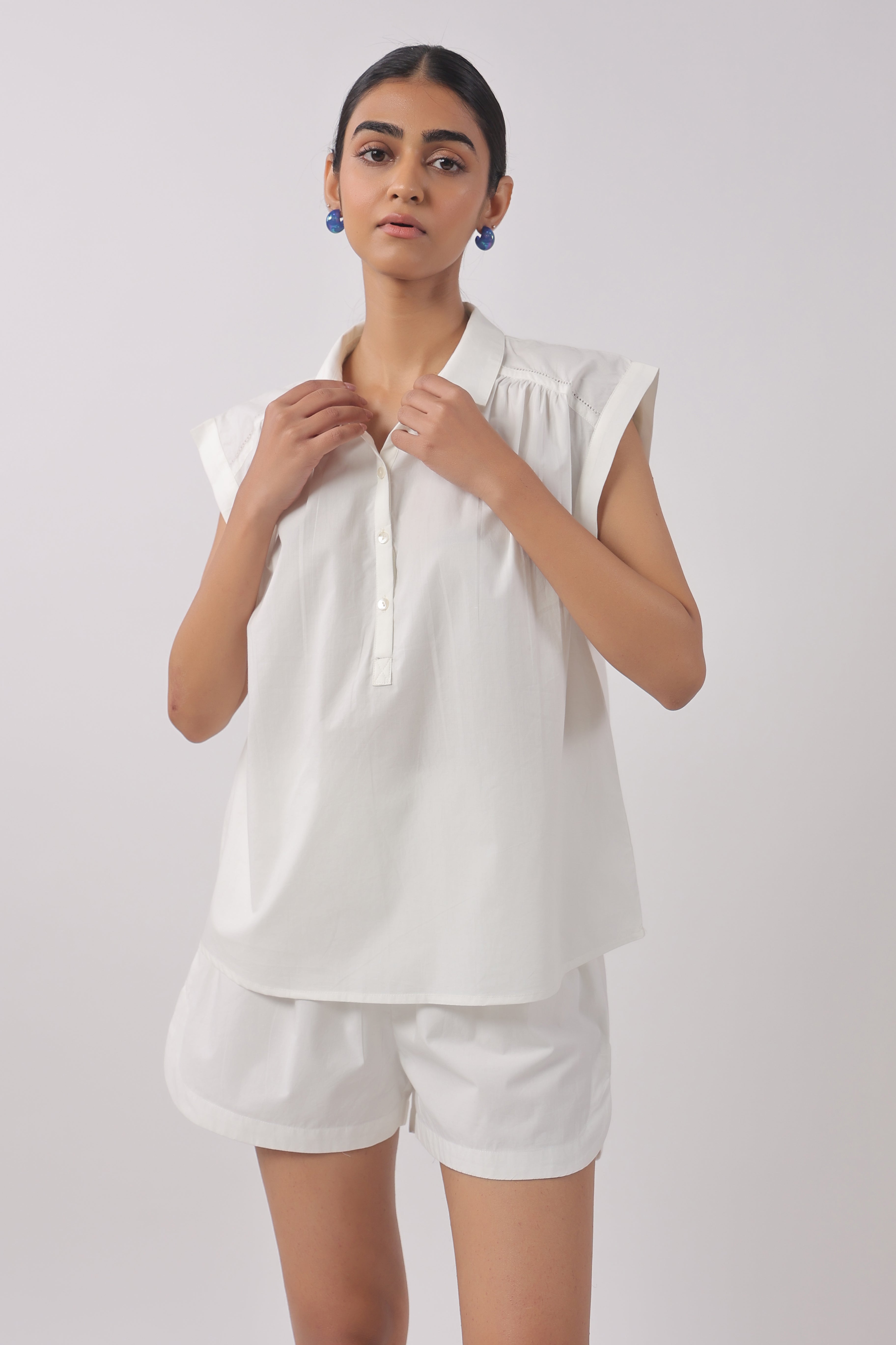 Women’s White Cotton Top with White Shorts Co-Ord Se