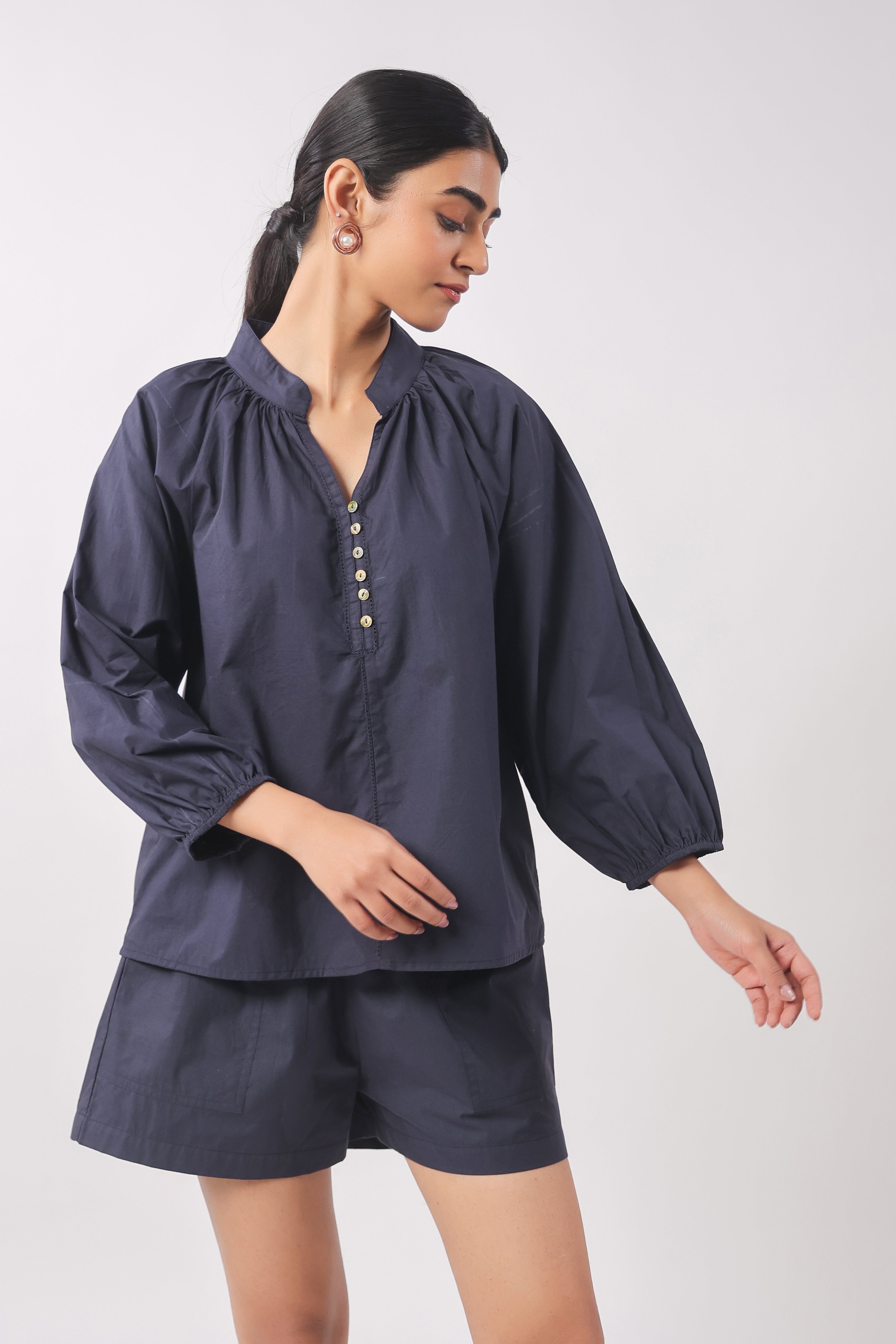 Women’s Navy Blue Cotton Top with Navy Blue Shorts Co-Ord Set