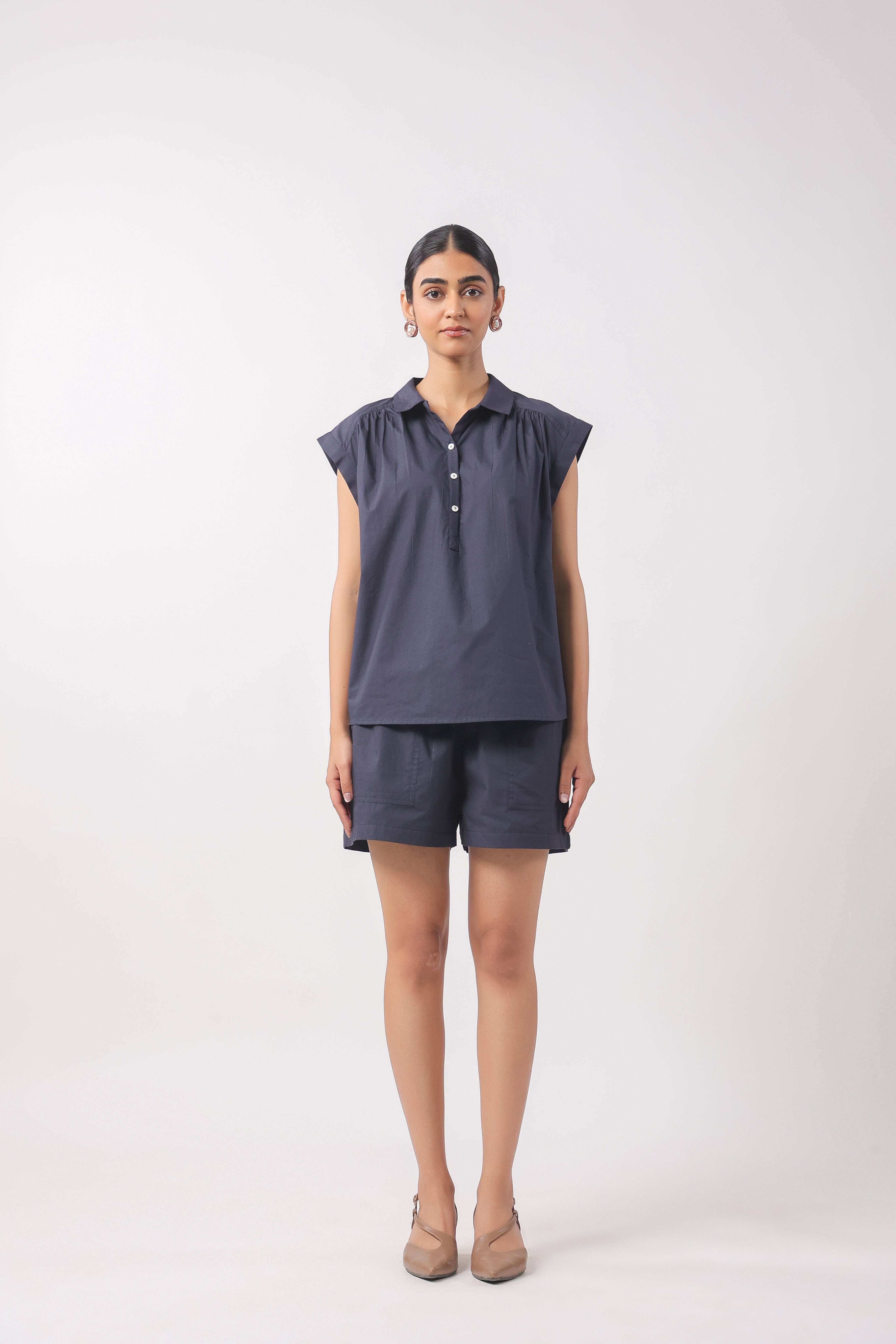 Women’s Navy Blue Cotton Top with Navy Blue Shorts Co-Ord Set